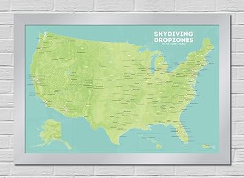 US Skydiving Dropzones 24x36 Poster Green & Aqua | Silver Frame