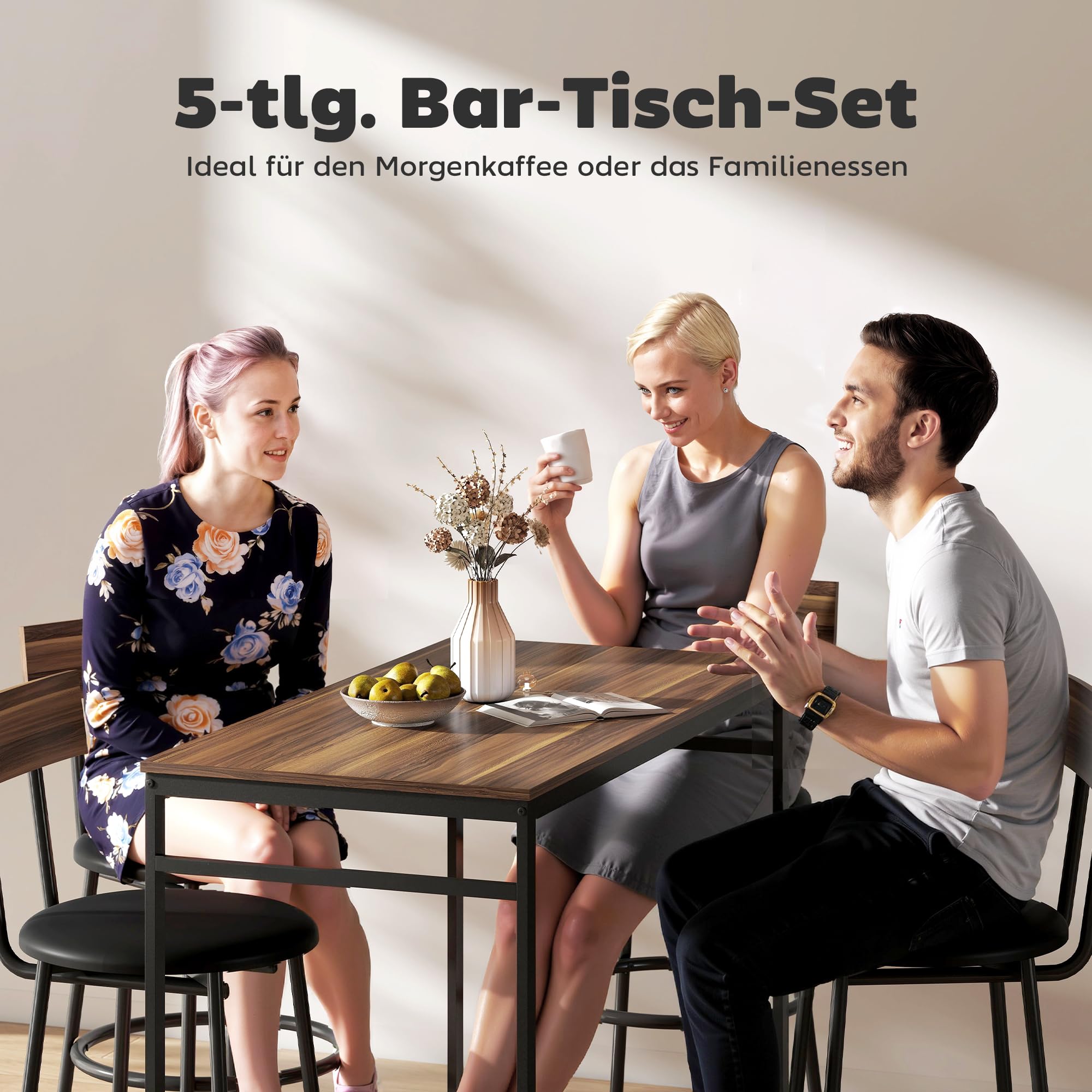 HOMCOM Bartisch mit Barhocker-Set Esstisch mit 4 Stühlen mit Fußstütze, Rückenlehne und Polsterung, Platzsparend Bartisch Set aus Stahl Industrial Küchentisch für Esszimmer, Küche, Braun