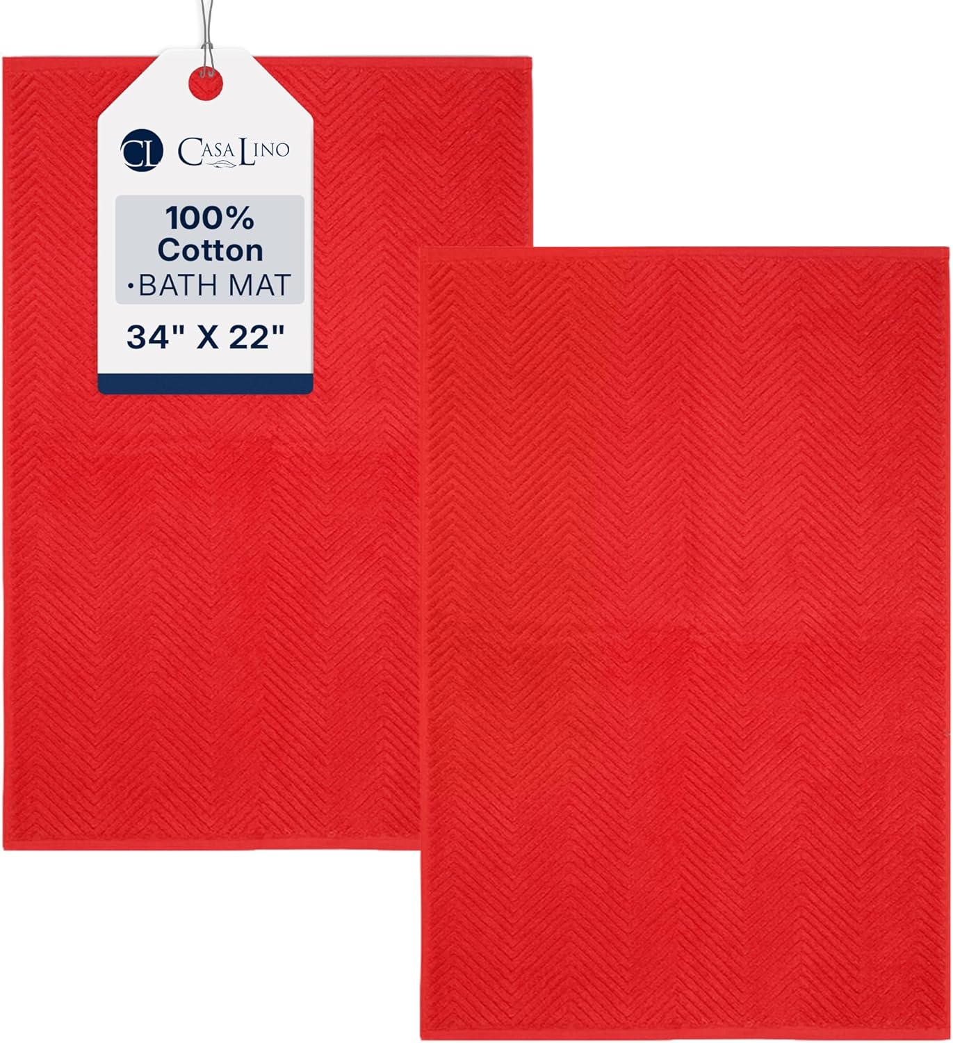 Casa Lino 100% Cotton Bath Mat Set of 2 (NOT A Rug) - 34" x 22" Bathroom Floor Towels - Machine Washable, Soft, Highly Absorbent & Quick Dry Bath Floor Towel (Red) Red Bath Mat (2 Pack)