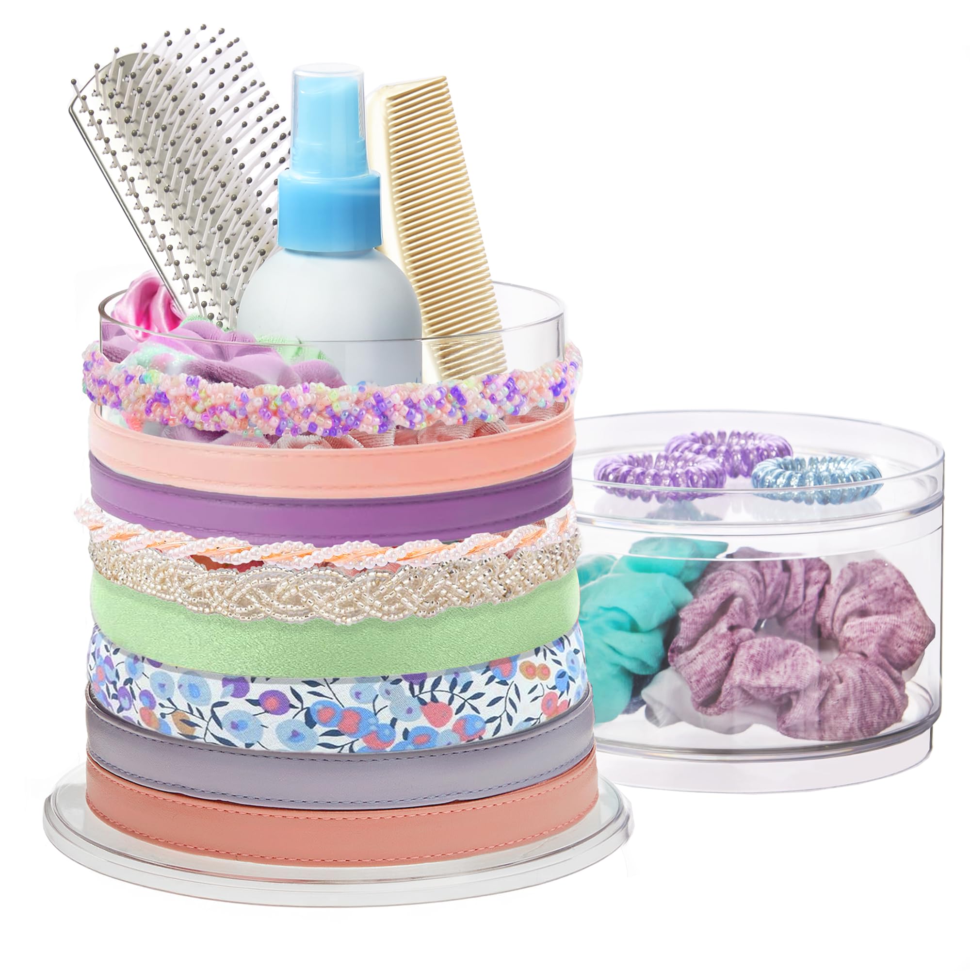 STORi Bella Stackable Clear Plastic Hair Accessory Organizer Set | Round Headband and Hairbrush Holder Stacks on The Storage Containers with Tray Lid