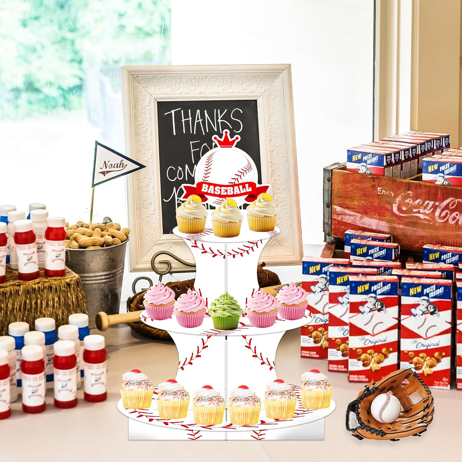 Baseball Birthday Decorations 3 Tier Baseball Theme Cupcake Stand Baseball Modeling Dessert Display Tower Holder Cupcake Serving Stand for Baby Shower Party Supply Baseball Party Supply image 4