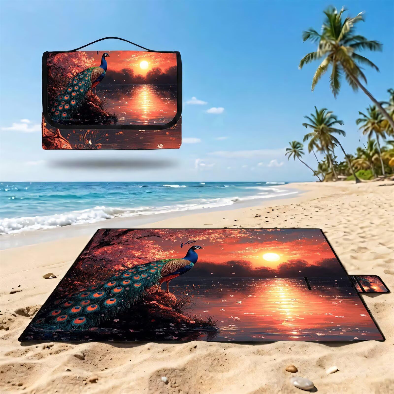Couverture Pique Nique Grande 200x300cm,Outdoor Couverture Imperméable,Pliable Tapis de Plage Dos en PVC,Picnic Blanket pour Camping Accessoires,Jardin,Parc,Famille - Coucher de Soleil,Paon UZ-338