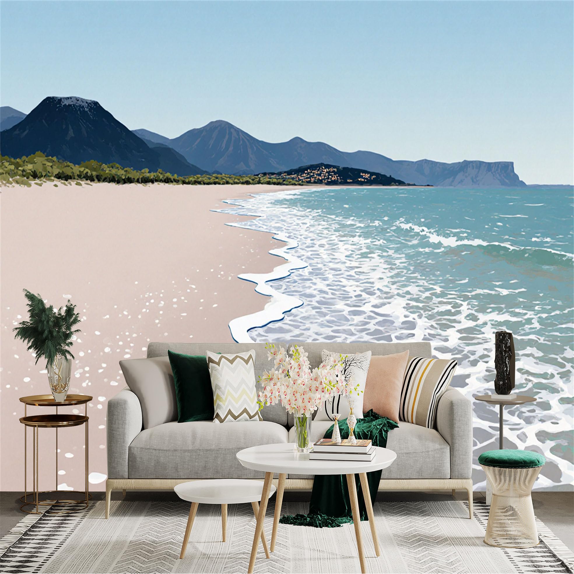 Custom Size Wall Sticker Mural， Scenic Coastal Beach with Serene Ocean Waves and Distant Mountain Landscape， for wall Decoration， peelandstick wall Decals.