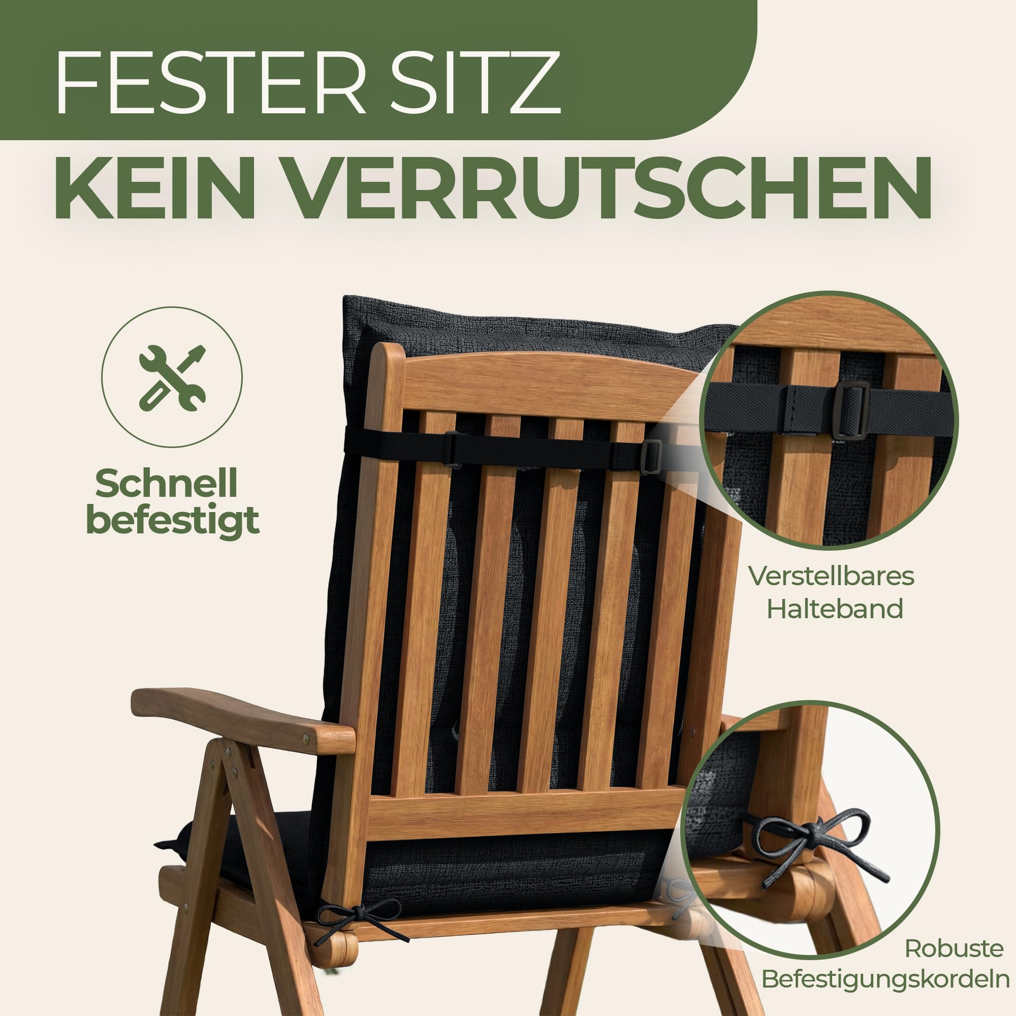 Florence Hochlehner Auflage – Gartenstuhlauflage Hochlehner mit Schaumstoff Polster, Outdoor Kissen & Stuhlkissen für Gartenstuhl, Sitzkissen Stuhl & Sitzkissen Bank, Outdoor (4, anthrazit)