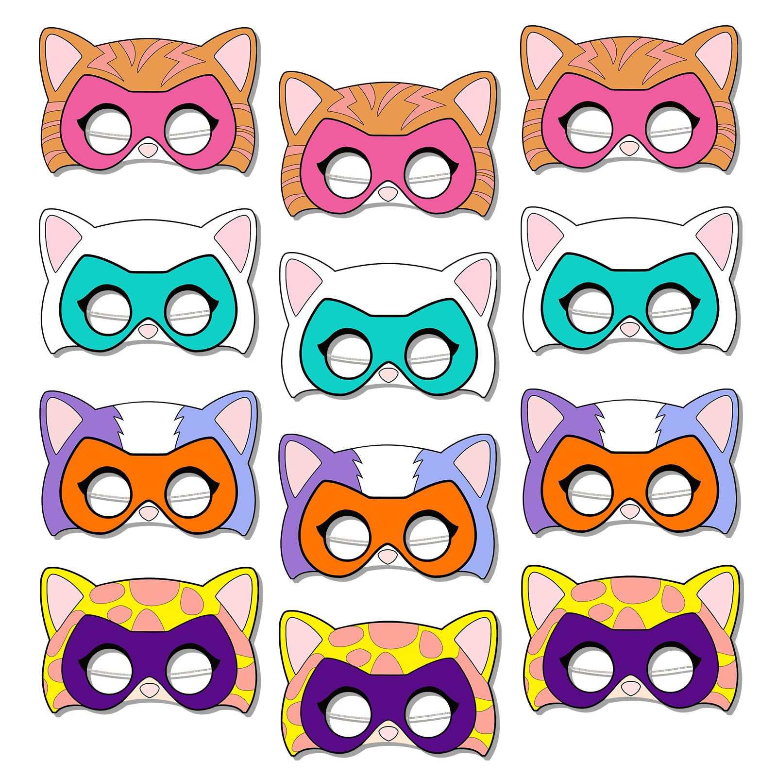 12Pcs Super Cat Masks Party for Kids, Cute Cats Paper Masks for Cartoon Animal Theme Birthday Party Decoration Favors Gifts, for Boys and Girls Cosplay Dress Up