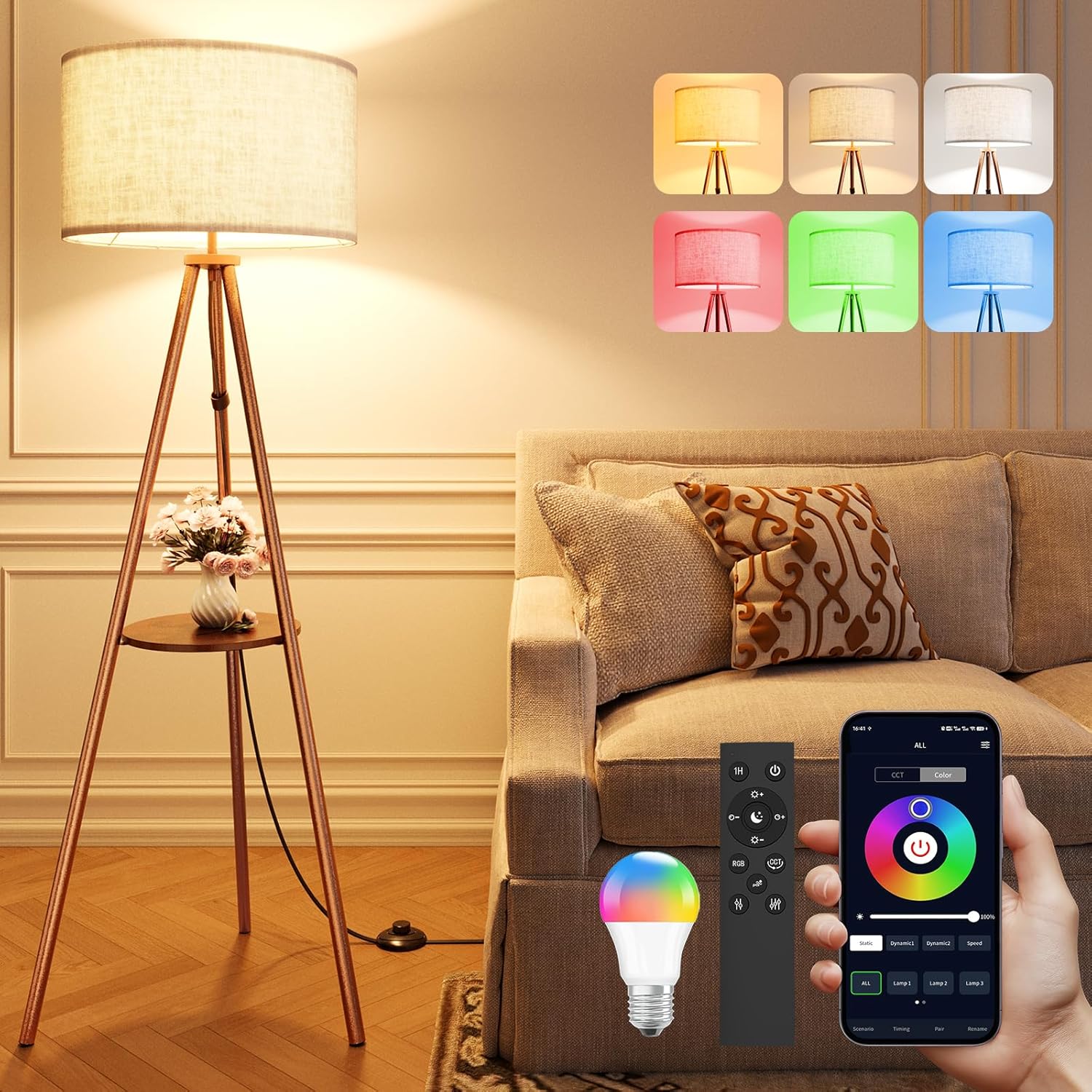 Tripod Floor Lamp with Shelves, RGBW Color Changing LED Bulb Included, Remote & App Control, Mid Century Modern Standing Light, E26 Base,Boho Copper Finish for Living Room, Bedroom, Office