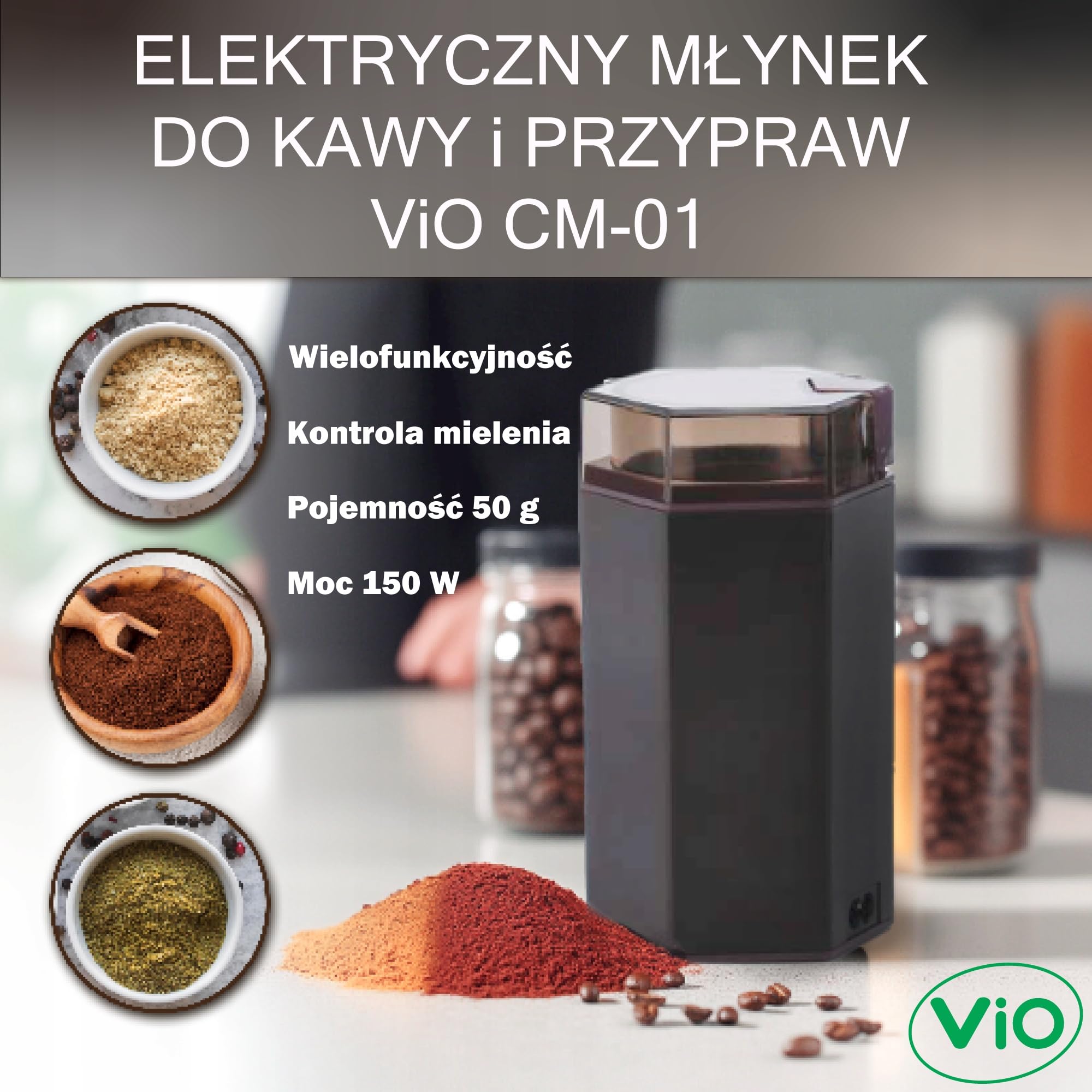 Elektryczny młynek do kawy 150 W ViO CM-01 - Kompaktowy młynek kuchenny - Łatwy w czyszczeniu