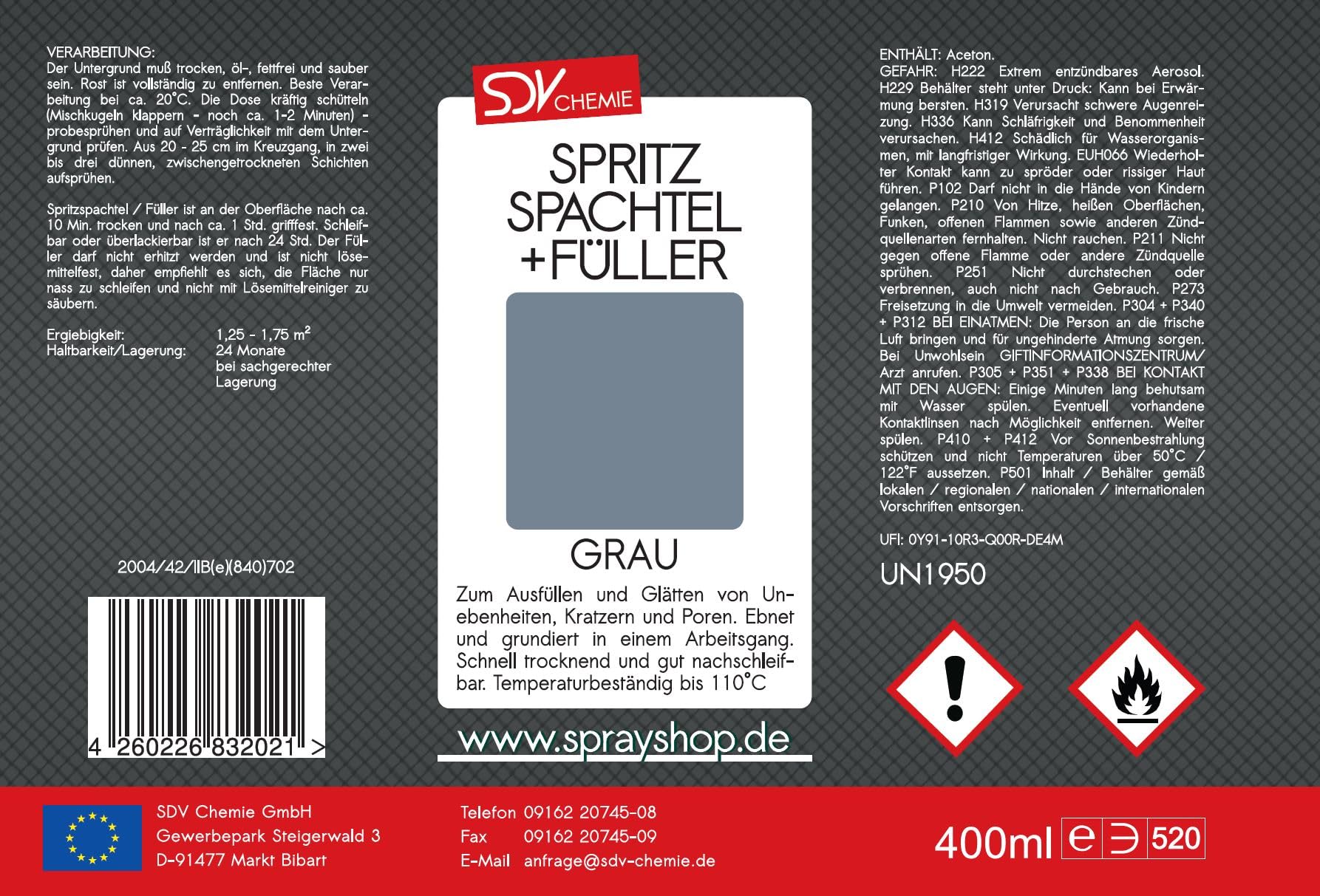 SDV Chemie Spritzspachtel & Füller Spray Grau 12x 400ml für Autolack Lackierer KFZ Auto