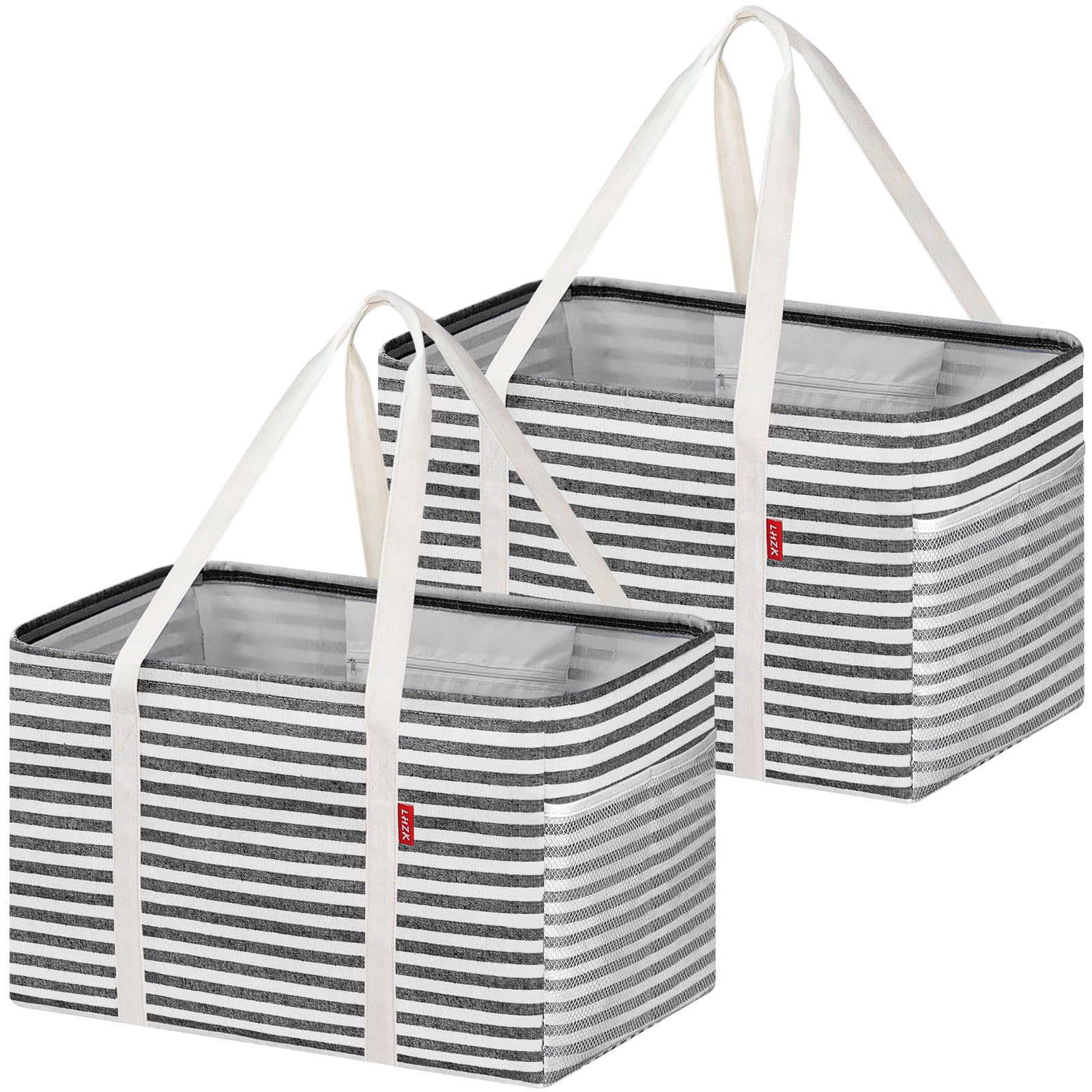 LHZK 2 Pack Utility Tote Bag with Metal Wire Frame and the Sides Rinforced, Large Tote Bag with Handle, Reusable Grocery Bags Foldable, Beach Bag, Car Tote, Black, 18.5''x11.8''x11.5''