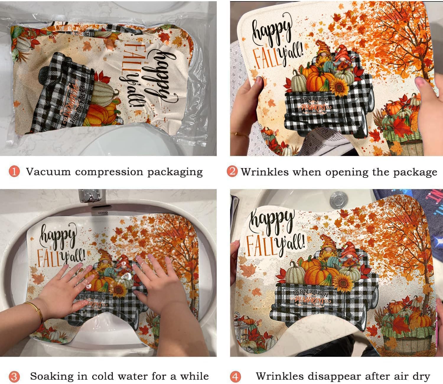 Fall Shower Curtain Set 4 Pcs Fall Bathroom Set Include Autumn Car Pumpkin Shower Curtains Non-Slip Rug Toilet Lid Cover Bath Mat and 12 Hooks, Thanksgiving Bathroom Shower Decor Accessory Set