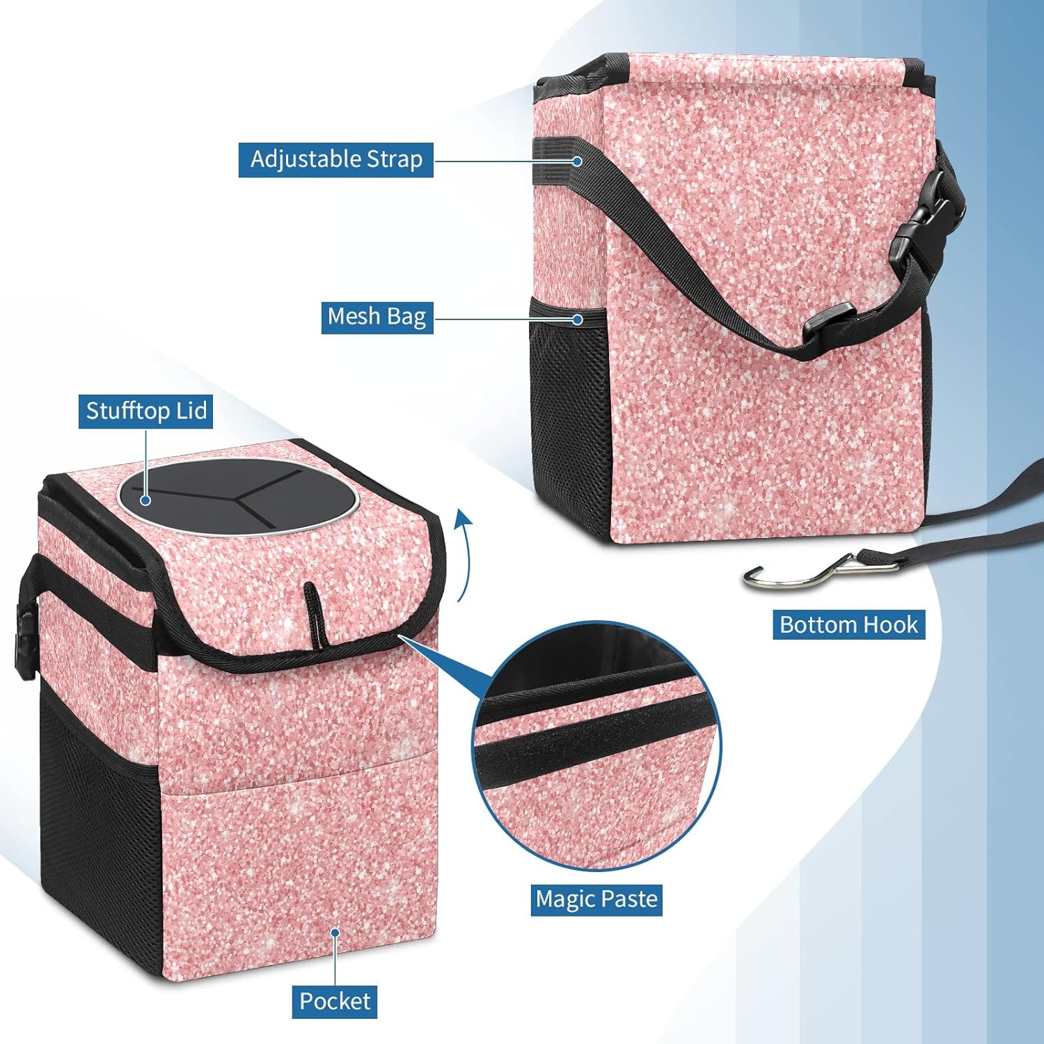 Car Trash Can Rose Gold Glitter Auto Garbage Bag Car Trash Can with Lid Leak-Proof Car Storage Bag Auto Garbage Bag Hanging for Headrest Collapsible and Portable with Storage Mesh Pocket