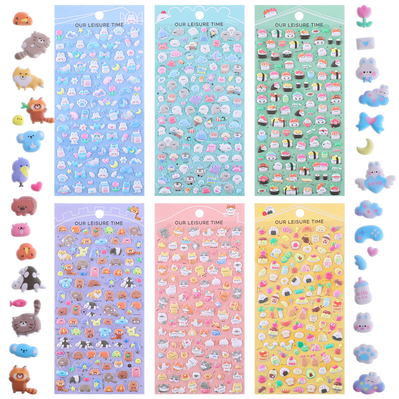 KFHENSOMR 6 Sheets Mini Puffy Stickers Cute Kawaii Small 3D Puffy Stickers