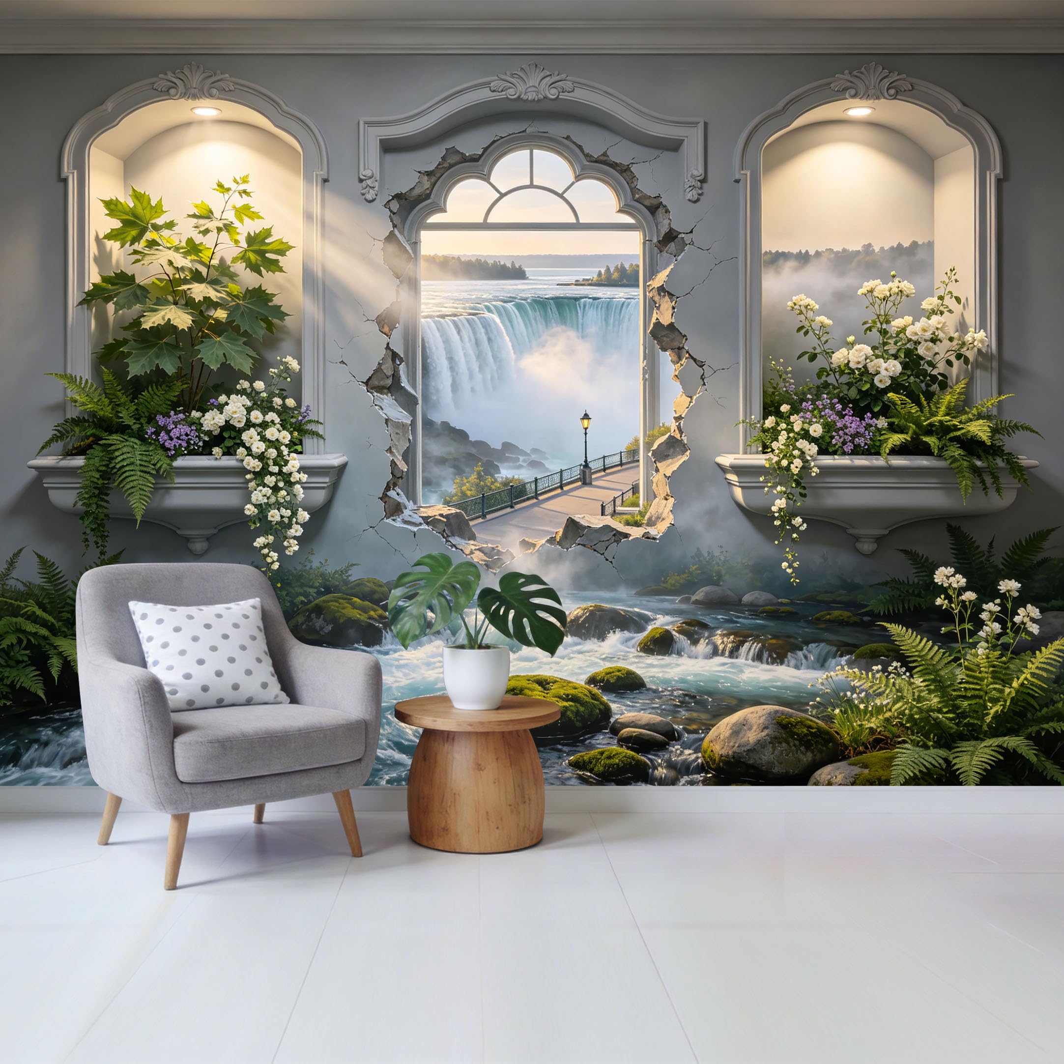 Custom Size Wall Mural 3D Waterfall Landscape Botanical Window View Textured Nature Trompe l’oeil Removable Self Adhesive Fabric Home Wall Decor for Living Room Bedroom Bathroom