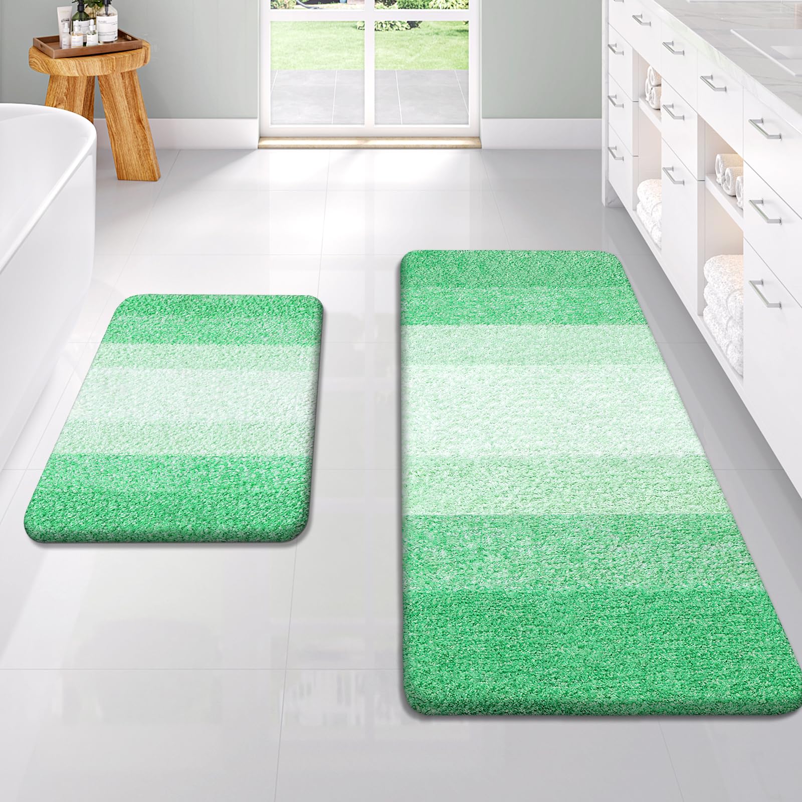 OLANLY Bathroom Rug Set 2 Piece, Soft Absorbent Microfiber Bath Rug Set, Non-Slip, Machine Wash Dry, Plush Shaggy Bath Mats for Bathroom (47"x20"+24"x16", Green) — image 1