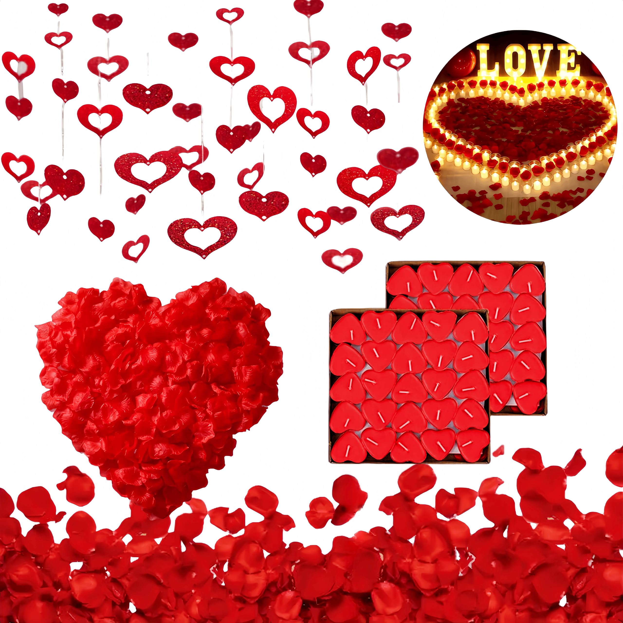 CaiTang Decoracion de San Valentin,Kit Romántico Velas y Pétalos,1000 Pétalos de Rosa,50 Rojo Velas en Forma Corazón,100 Guirnaldas Colgantes Corazón,Decoración para Bodas, San Valentín y Compromiso