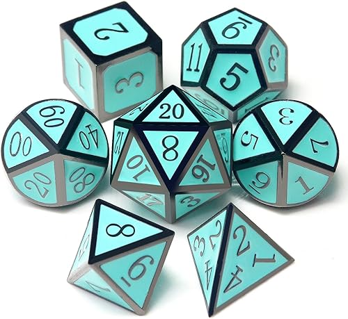 Haxtec Juego de dados de metal DND, 7 dados D&D de metal negro y azul con bolsa de dados de cuero, dados poliédricos de metal para regalos de
