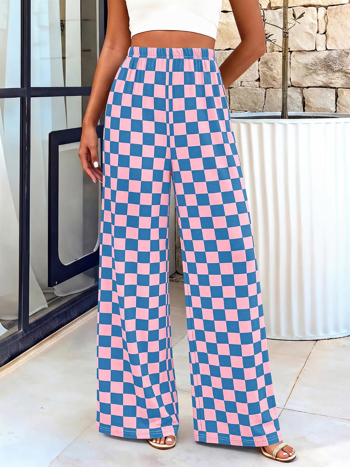 BTFBM Womens Checkered Palazzo Pants Wide Leg High Waisted Pockets Gingham Casual Lounge Pajama Trousers Summer Outfits