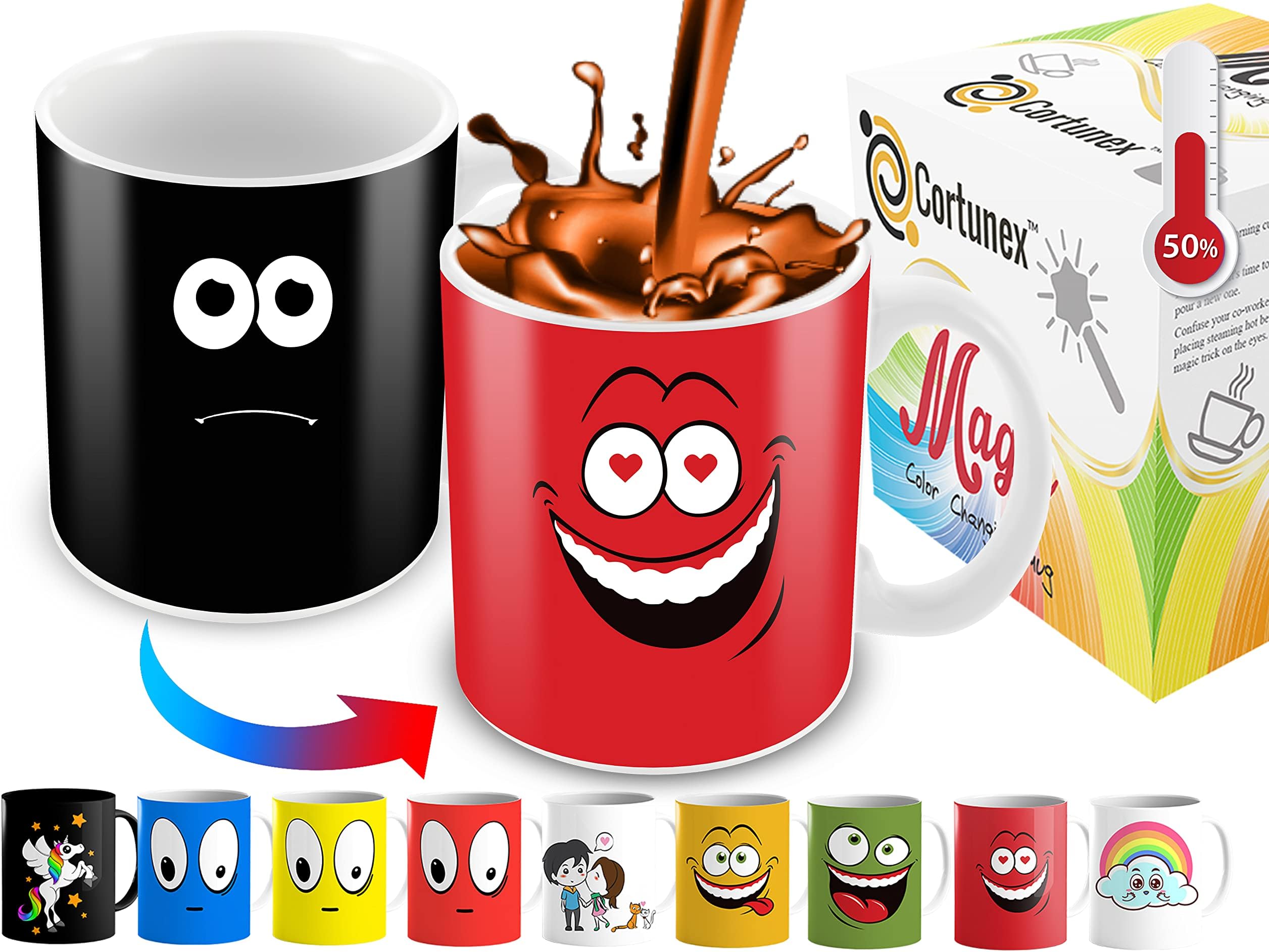 Cortunex Heat Changing Mug - Red Falling in Love Funny Face - Funny Color Changing Cup - Add Hot Liquid and Reveal The Lovely Smiley Face - Unique Magic Coffee Mug for Women, Men and Kids