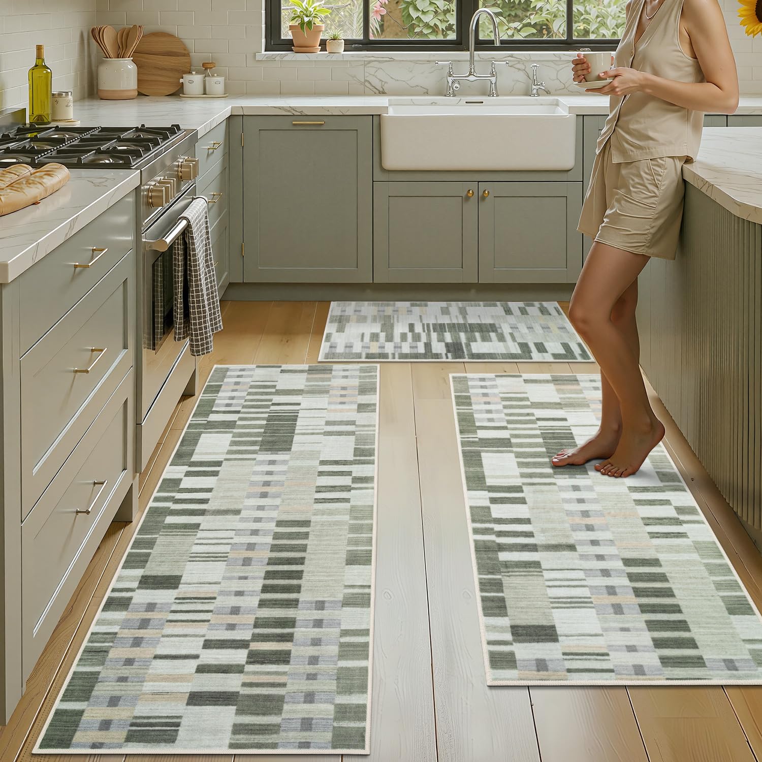 Biscpro Kitchen Runner Rugs,[No Crease] 3 Pieces Non Slip Kitchen Mats for Floor,Washable Kitchen Rugs,Geometric Floor Carpet for Hallways Entryway Laundry Room(50x80+50x120+55x150cm Light Tauqe) — image 1