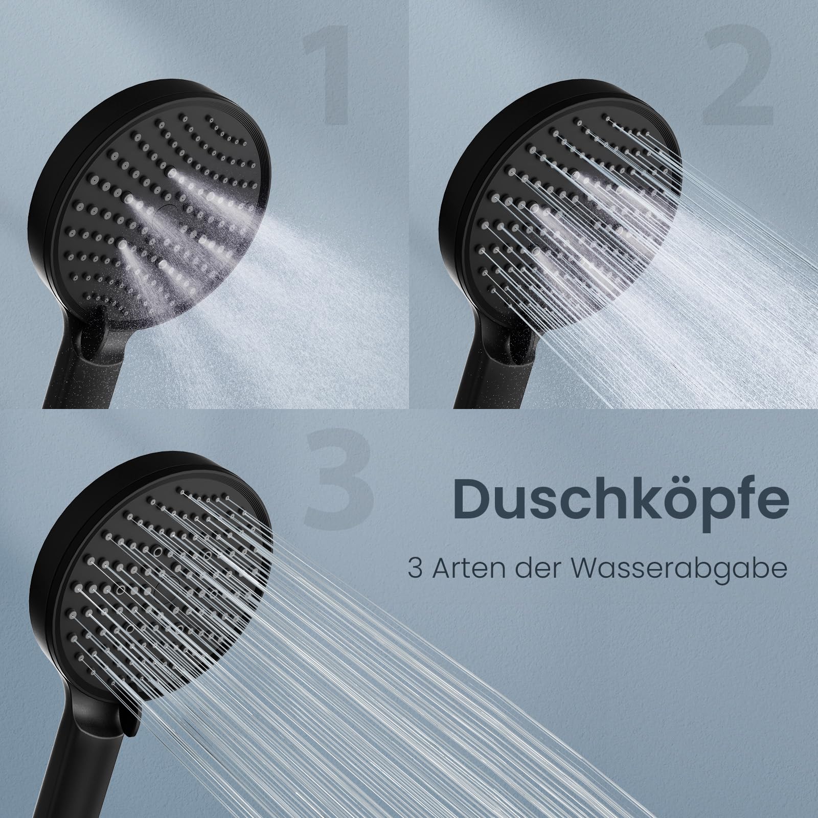 Duschsystem mit Thermostat Schwarz, Duscharmatur Komplettset | 25cm Rund Regendusche Duschkopf, Handbrause mit 3 Strahlarten, 100-120cm Höhenverstellbar, Regendusche mit Armatur, Duschset