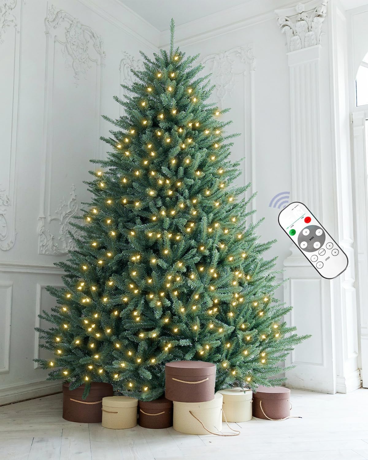 Pre-lit Christmas Tree 7.5FT Premium Spruce Artificial Remote Control with 1000 Dual Color LED Lights, Full Hinged Fir Xmas Tree Multicolor and White Lights 7.5 Feet Outdoor Holiday