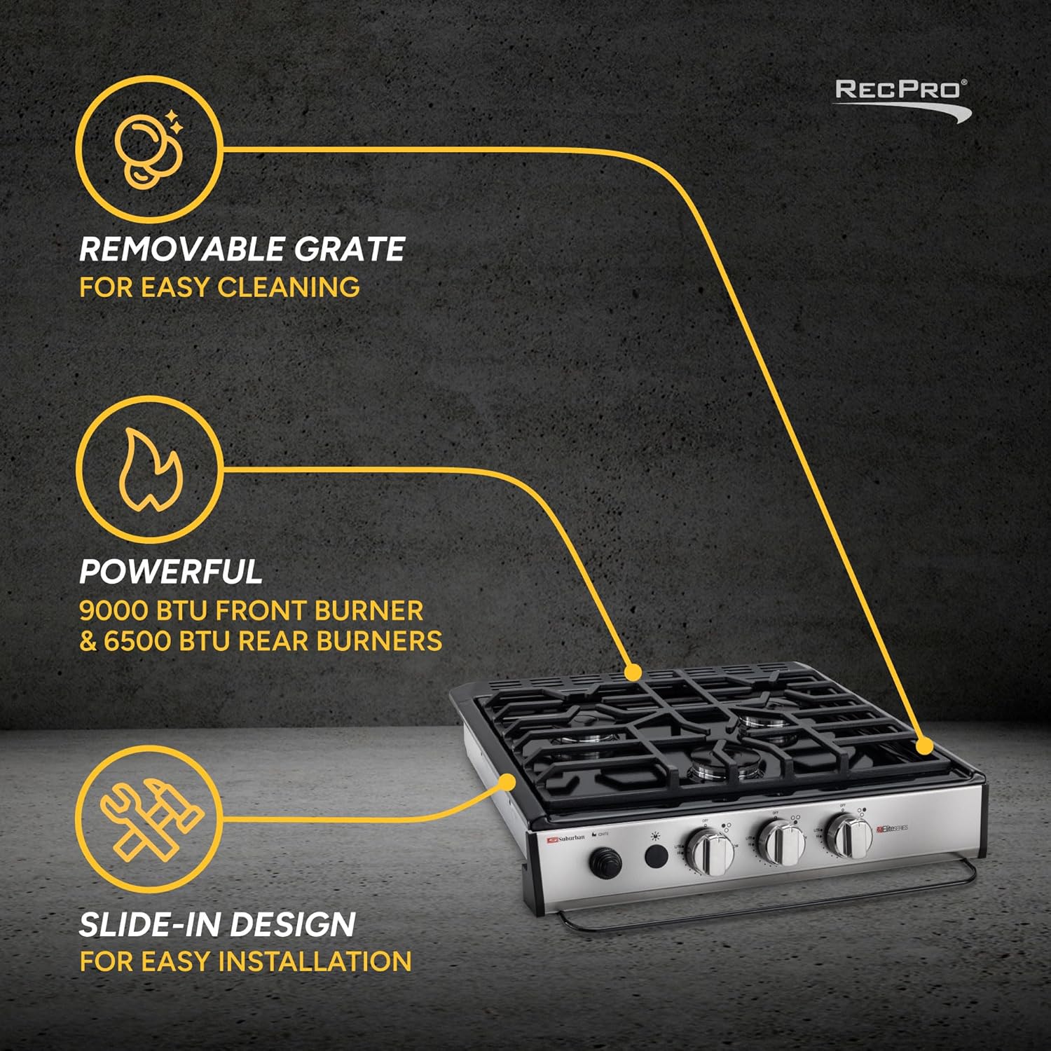 RecPro Suburban RV 3 Burner Propane Gas Cooktop | Slide-In Black Triple Burner Stove | 9000 BTU Front Burner, Dual 6500 BTU Rear Burners | Piezo Ignition | 12V DC