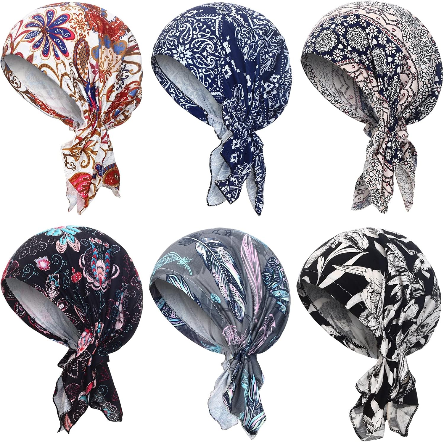 Geyoga 6 Pcs Chemo Headwear for Women Pre-Tied Head Scarves Turban Beanie Caps Cancer Head Wrap Headscarf for Yoga Running