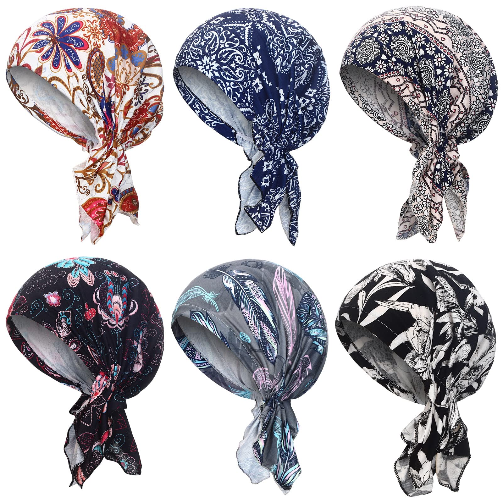 Geyoga6 Pcs Women Cotton Hat Turban Beanie, Pretied Headwraps Headwear Scarves Beanies Covers Stretch Sleep Turban Hat
