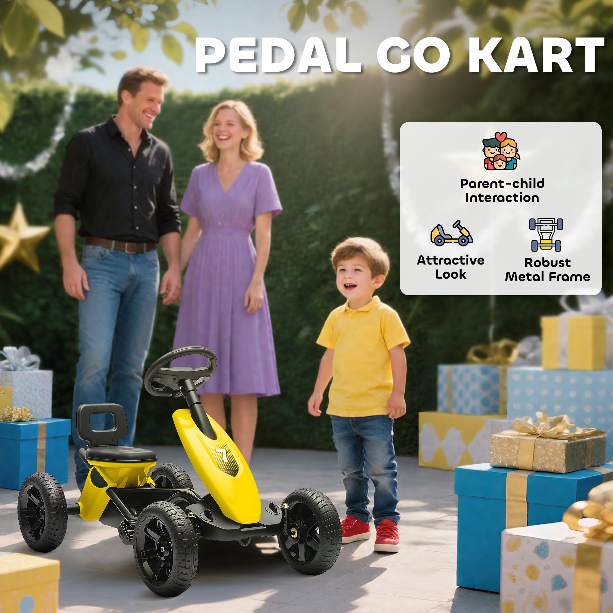 AIYAPLAY Go Kart a Pedales para niños, Coche de Carreras para niños con neumáticos EVA silenciosos, para 2-5 años, Amarillo