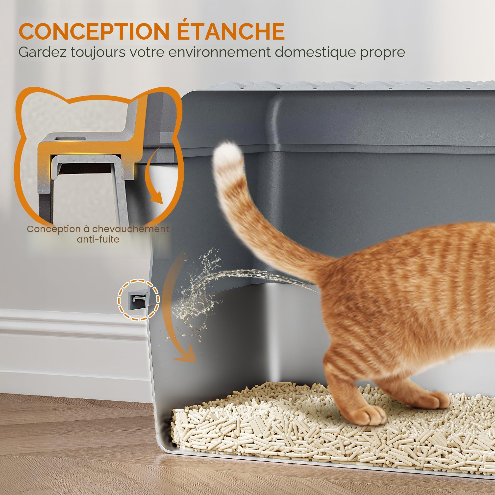 Bac à Litière pour Chat INOX avec Couvercle Lot de 2, 60x40x38,5cm, Bac Litière pour Chat XXL, avec Pelle à Litière et Marchepied, Amovible, 120° Couvercle Rabattable, Gris Foncé FPLB002SG2