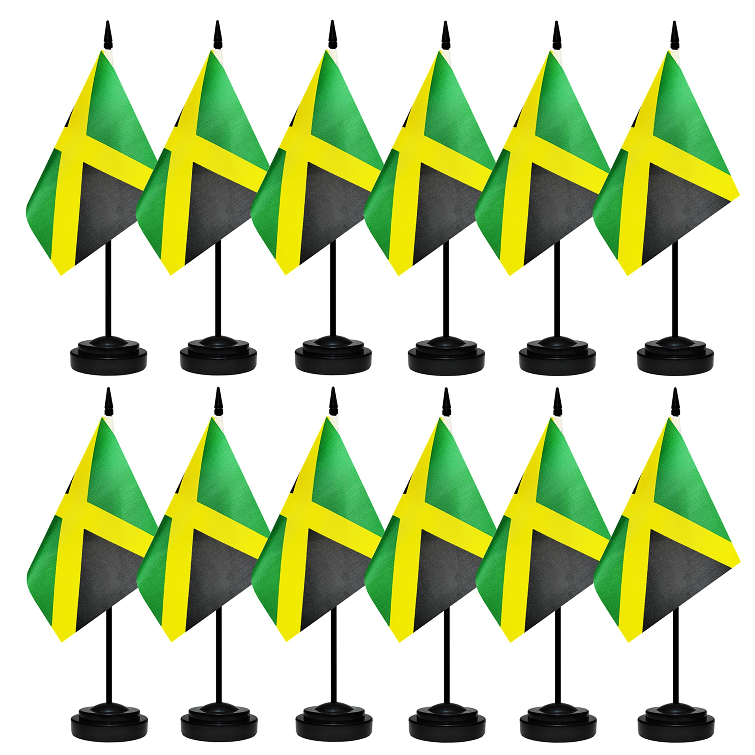12 Pack Jamaica Desk Flags Set, Jamaican Small Mini Table Office Flags with 12" Solid Black Pole, 8.2 x 5.5 Inches, Home and Office Decoration, Festival Celebrations