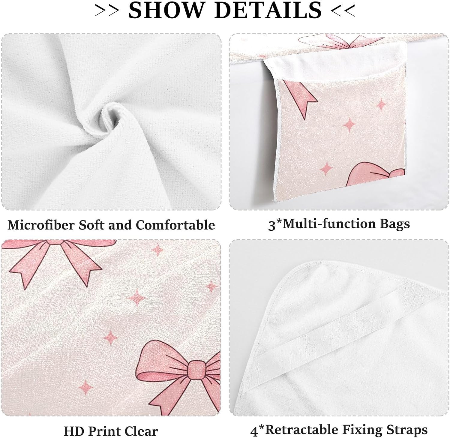Cute Bow Lounge Chair Towel Cover with Side Pockets – 85x30in Foldable Chaise Cover for Beach, Pool, Patio, Spa