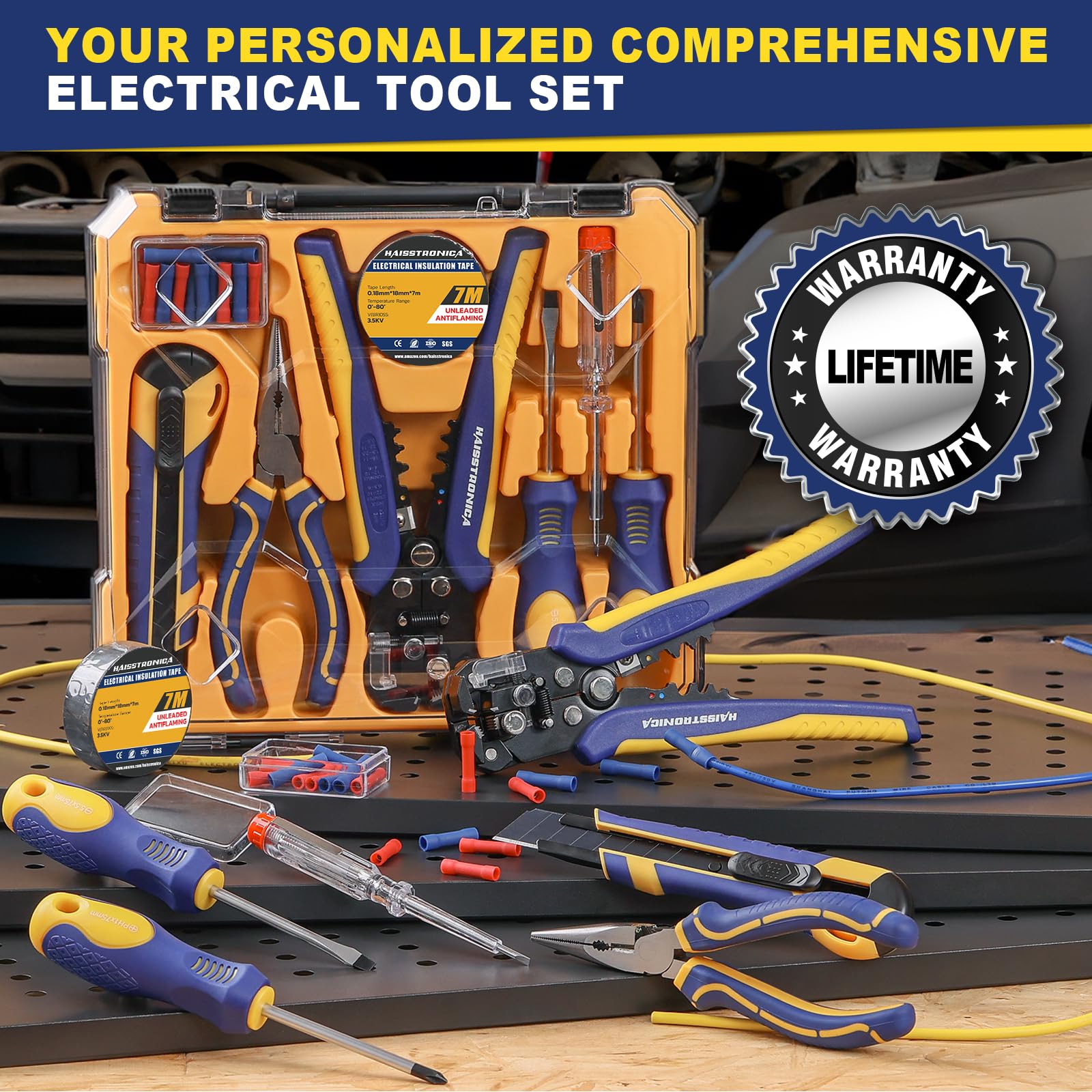 Haisstronica Kit Pince à Dénuder 8-en-1 – Ensemble d’Outils Professionnel pour Électriciens : Dénudeur Automatique, Pince à Bec, Tournevis, Testeur de Tension, Couteau, Ruban Isolant et Connecteurs