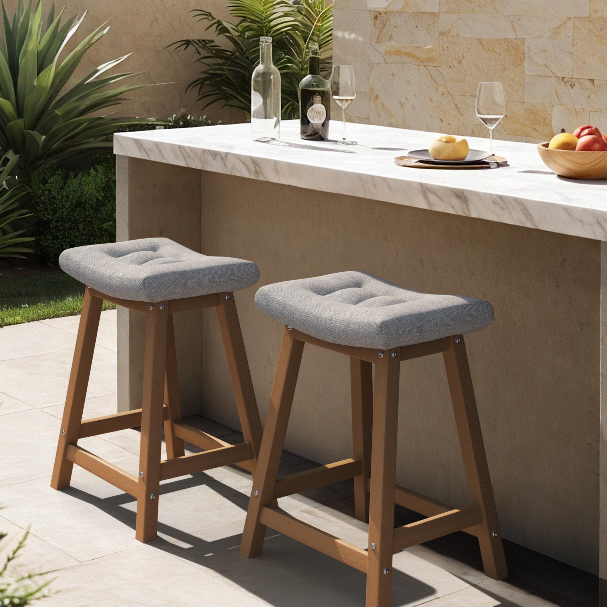 Ciokea 2 Set 24" Outdoor Bar Stools with Cushions, Heavy Duty HDPE Counter Height Bar Stools Weatherproof Patio Seats Modern Waterproof BarStools for Bar Deck Balcony Kitchen Counter Yard, Teak