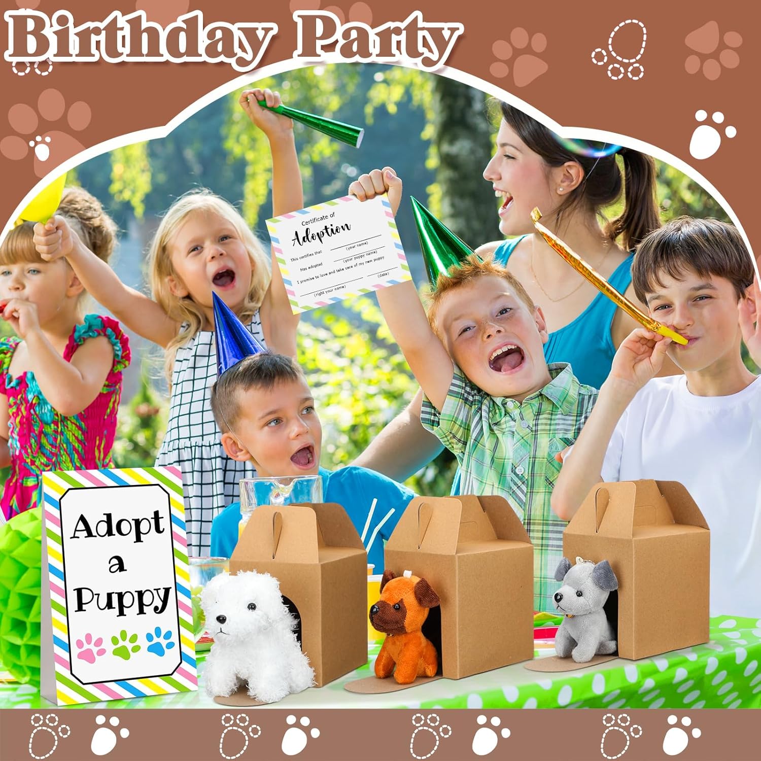 Blueweenly 20 Set Adopt A Puppy Favors 20 Small Stuffed Dogs Bulk with Kraft Paper Boxes Adoption Cards 1 White Fence and 1 Paper Sign for Adopt A Pet Party(Puppy)