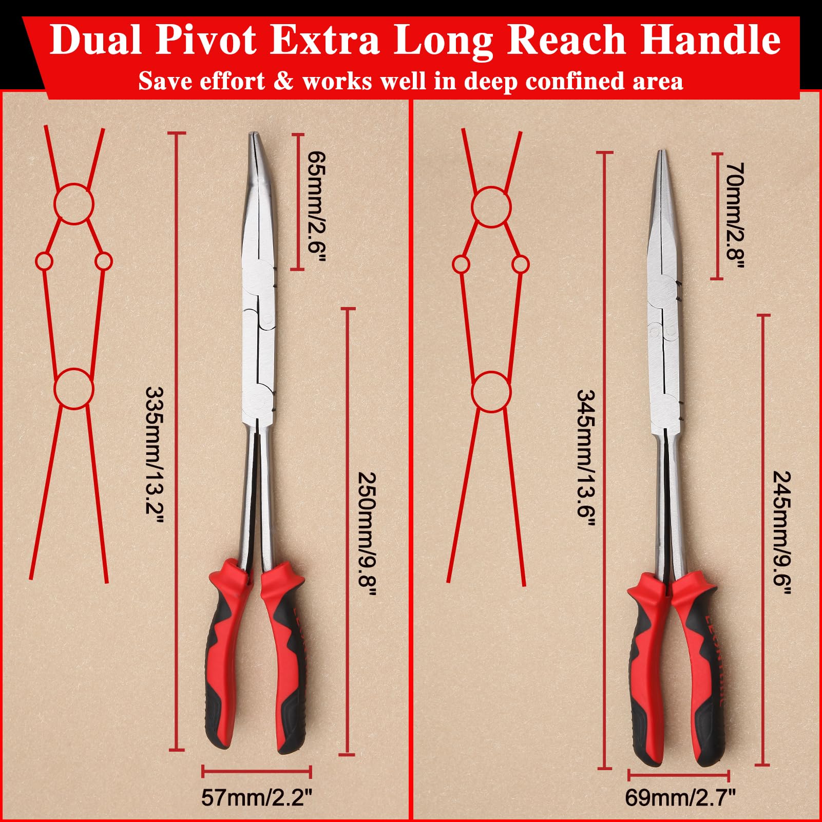 LEONTOOL Lot de 2 pinces à bec effilé droites et coudées à 45 degrés à double articulation - Pince à bec effilé extra longue avec mâchoire crantée