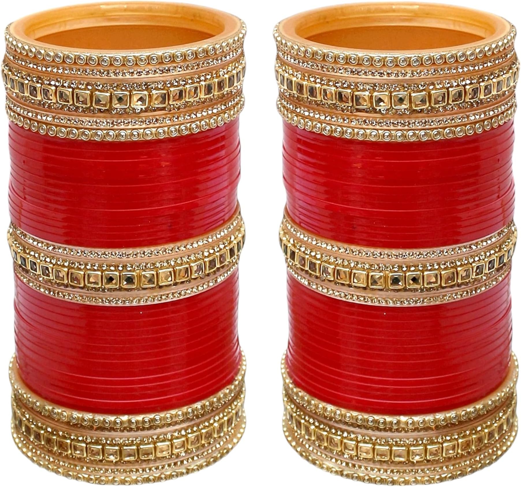 Bridal Bangle Set Dhanteras/Diwali/Bhai Dooj Collection Red Chura Dulhan Wedding Chuda Punjabi Choora For Women (1360-M1C1-GOLD-R26)