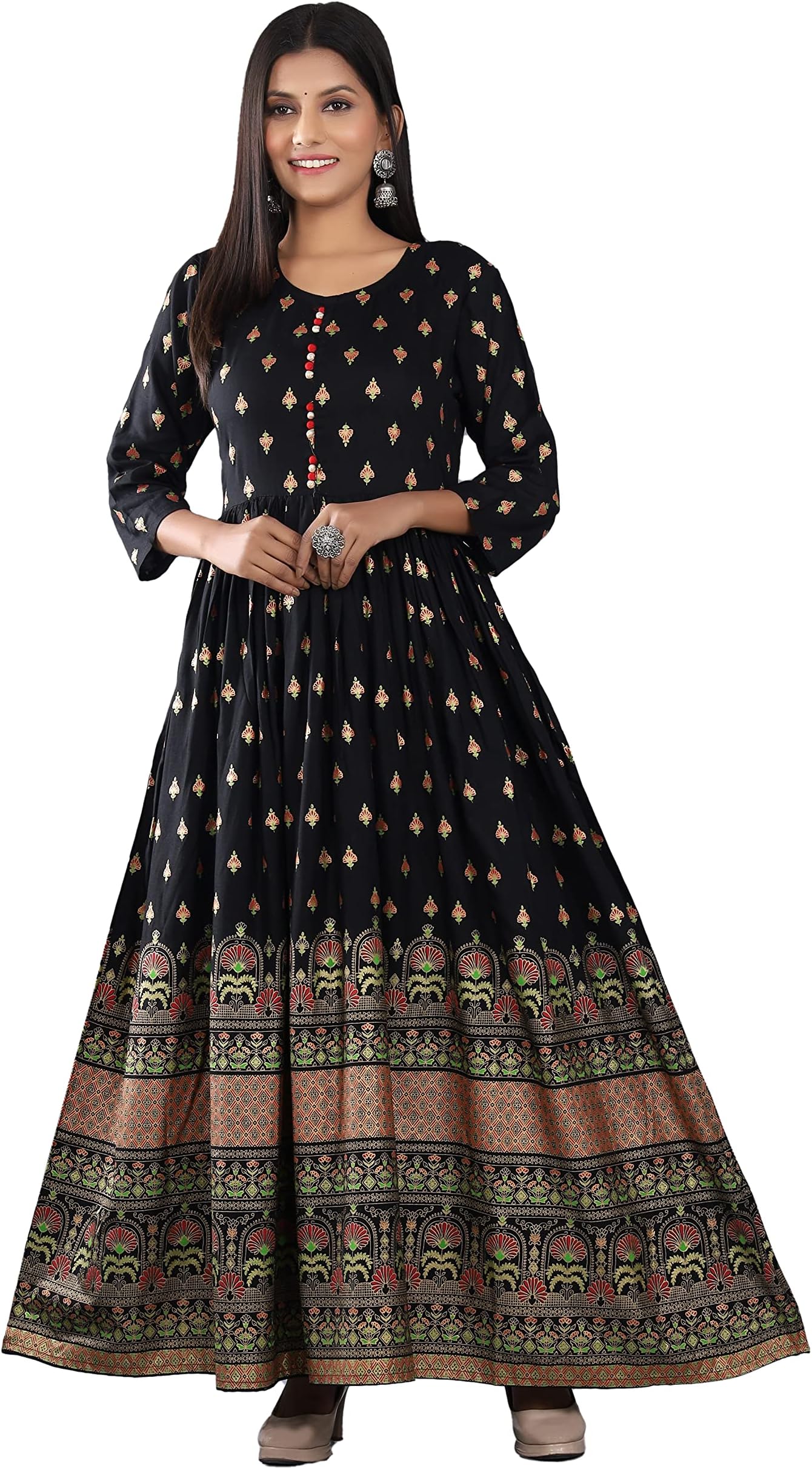 GO GULABI Rayon Printed Anarkali Long Kurti for Women| Flare Kurti (Black)