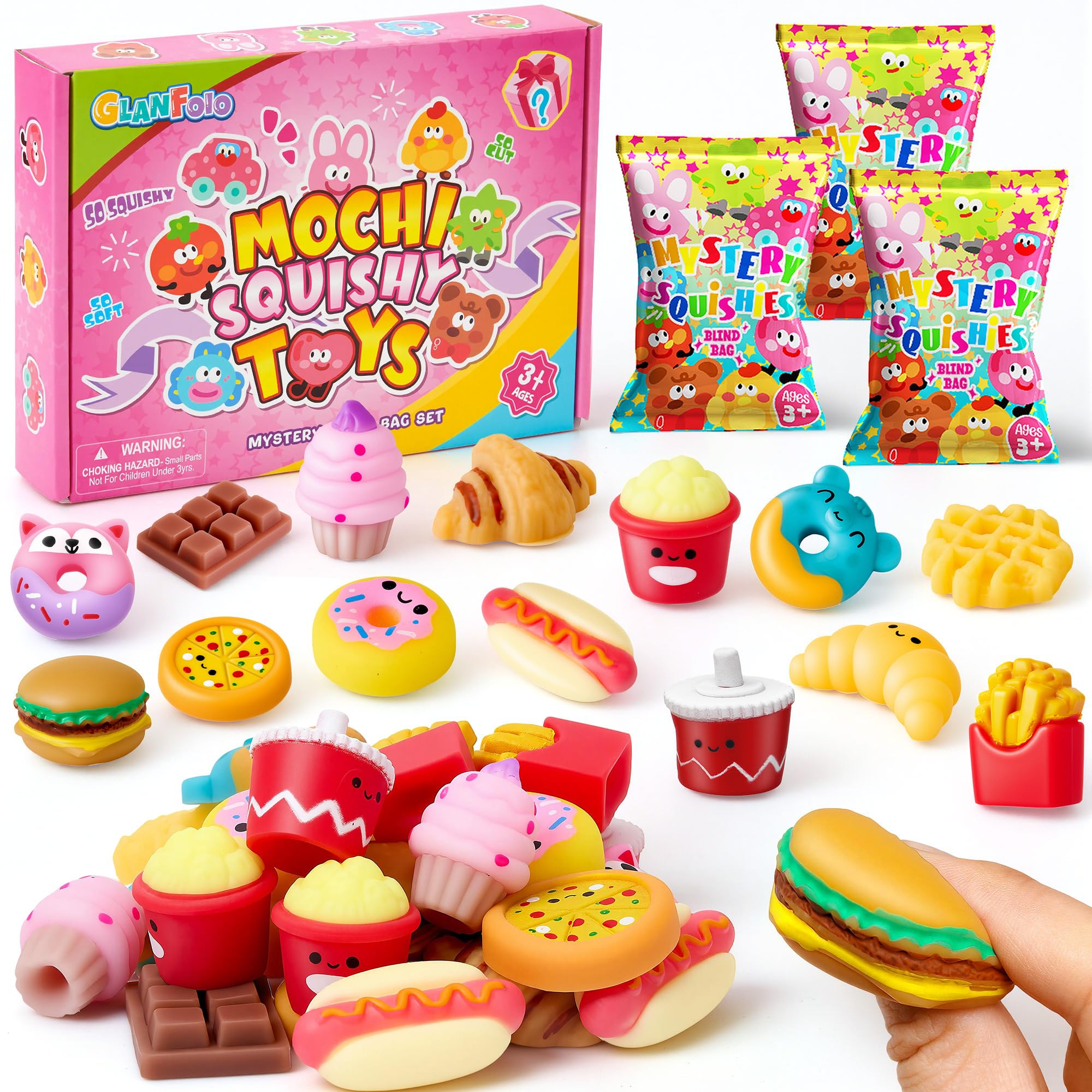 32 Pcs Animals Mochi Squishy Toys, Blink Box Mini Squishies Cute Squishy Set Sensory Stress Relief Toys Squishy Party Bag Fillers Party Favor for Kids，Food