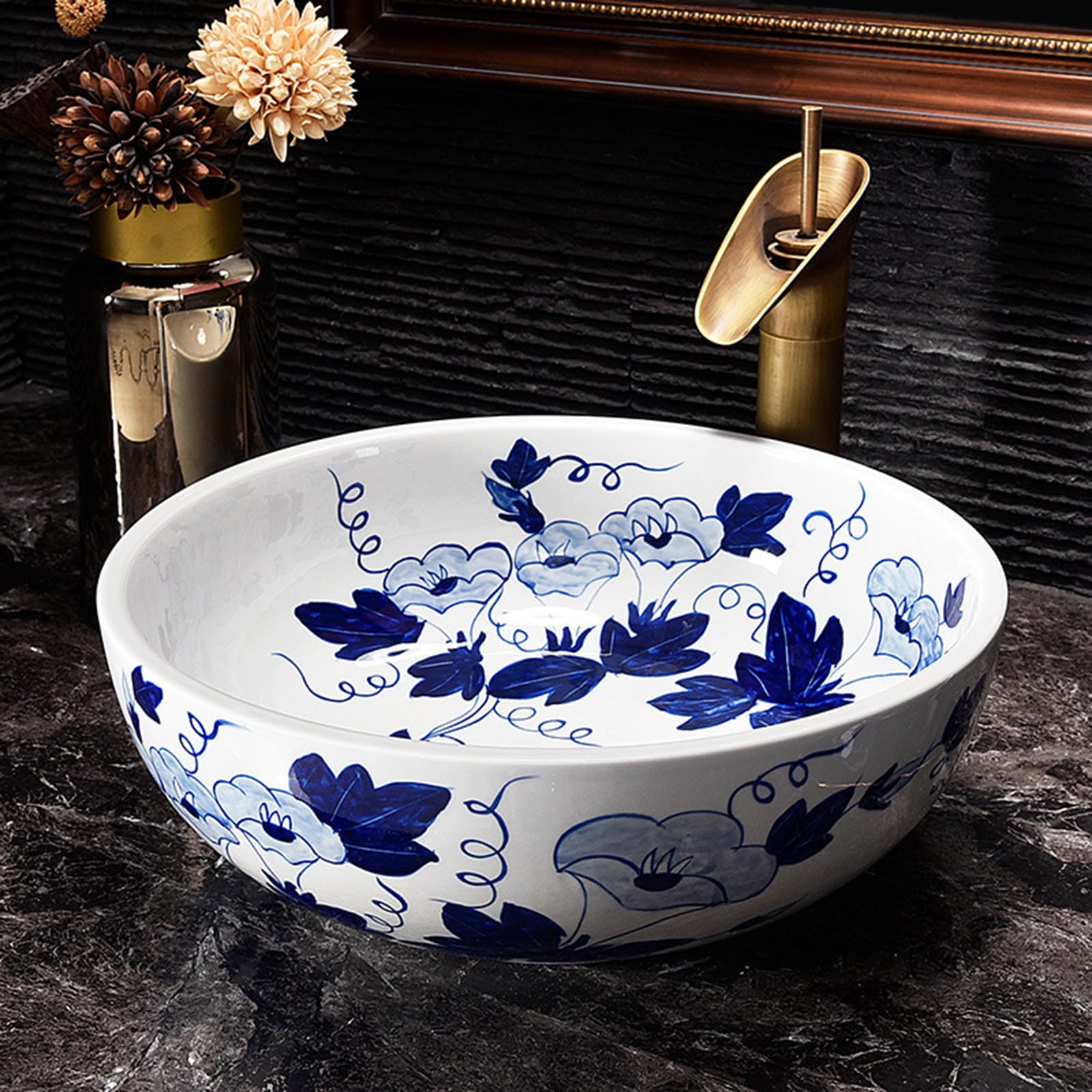 Aioneer Bathroom Sinks With Faucets Combo,15.7Inch Bathroom Ceramic Vessel Sink Round Blue And White Porcelain Bathroom Sink Above Counter With Flower