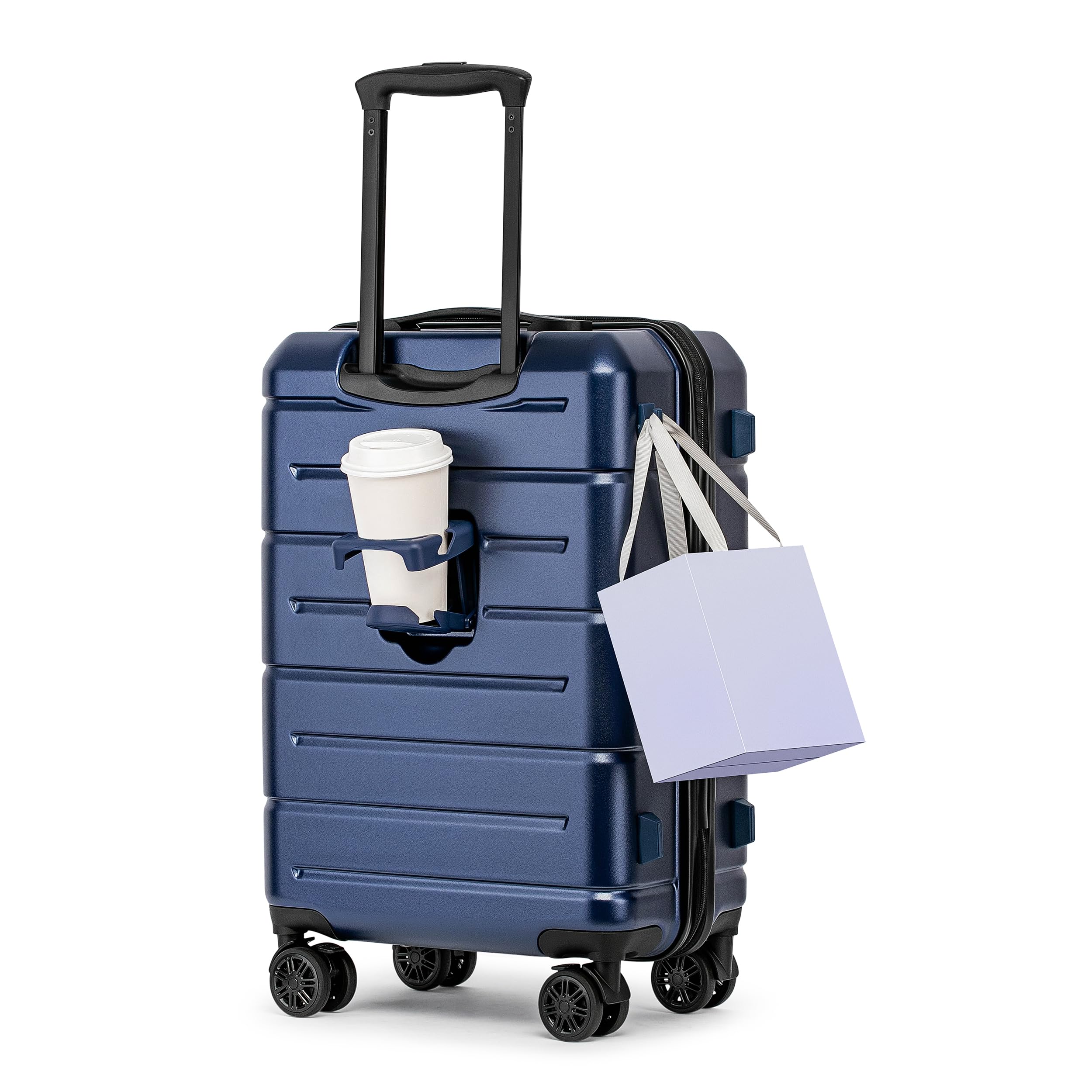 KYME Carry On Luggage 22x14x9 Airline Approved with Cup Holder Hardside Carry On Suitcase with Spinner Wheels TSA Lock Hardshell 20 inch Travel Rolling Luggage for Women Men Navy
