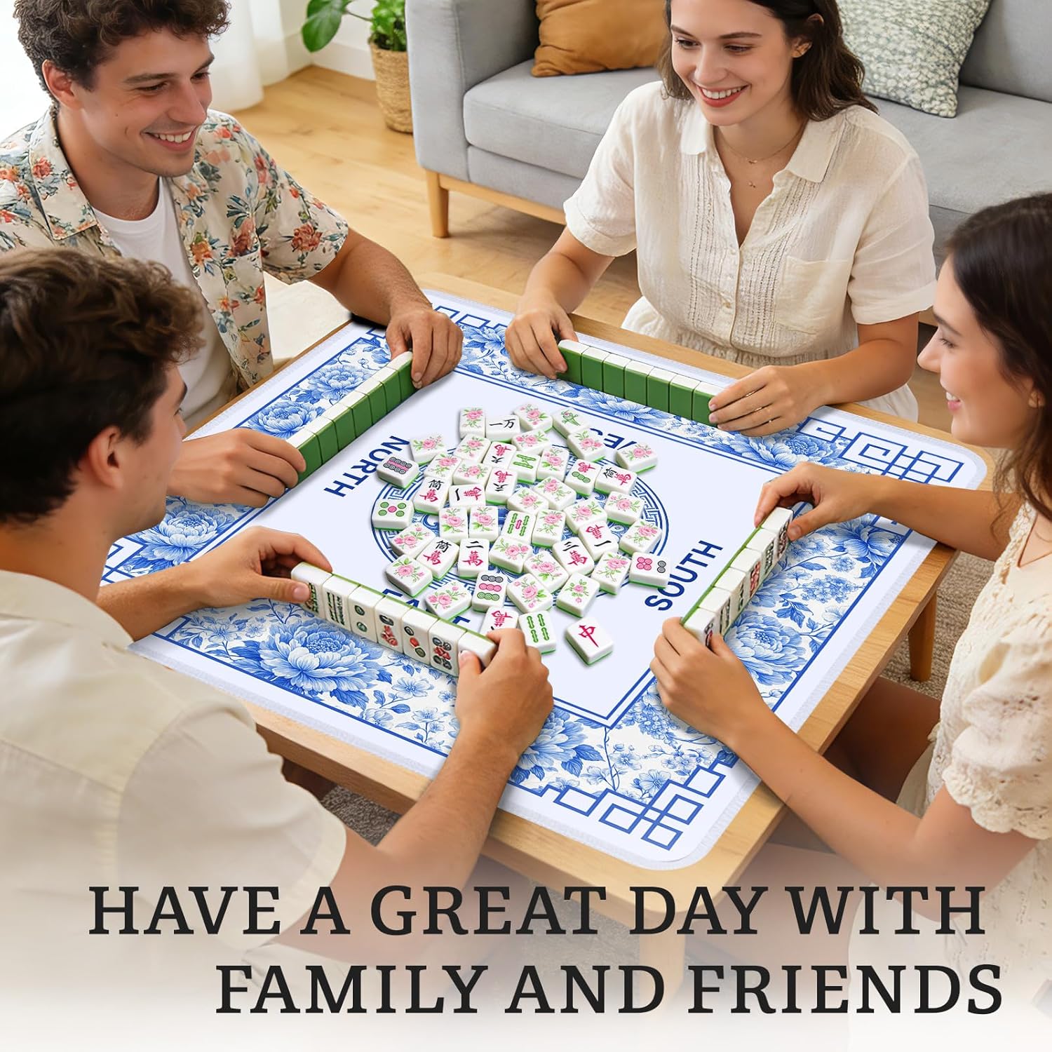 Flowers Mahjong Table Mat, Blue Flower Non-Slip Noise Reduction Mah Jong Mat with Carrying Bag, Game Table Cover for Mahjongs Poker Card, Festival Birthday Gift for Mahjong Lovers, 31x 31In