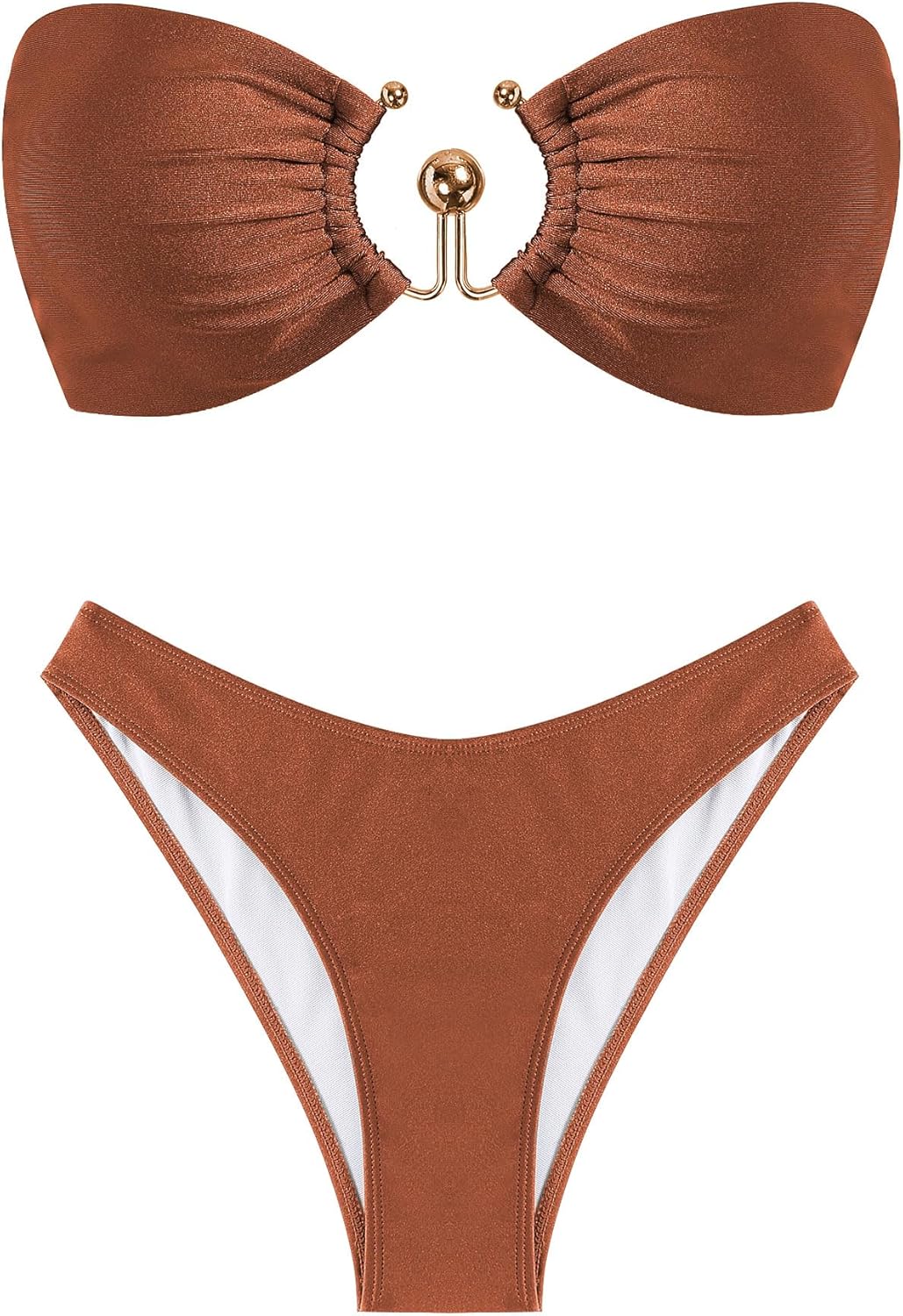 ZAFUL Womens Bandeau Bikini Set Metallic Sparkly O Ring Lace Up Tie Side High Cut Tanga Sexy Bathing Suit Swimwear