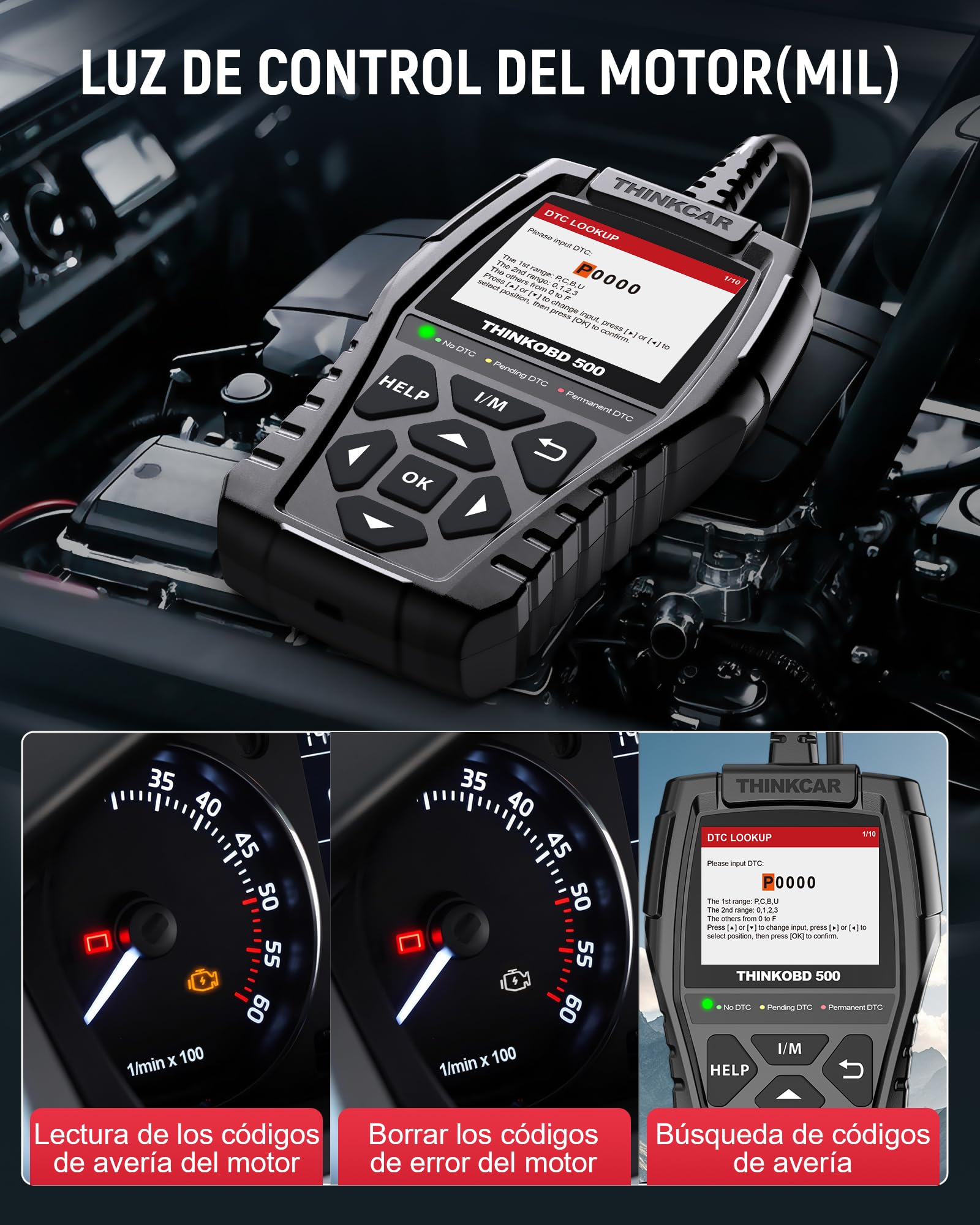 OBD2 Diagnosis, ThinkOBD 500 Diagnosis Coche Multimarca con Sistema del Motor, Diagnosis Coche Multimarca para Protocolos OBDII/EOBD, Verificación de Smog/Prueba EVAP/Apague MIL...
