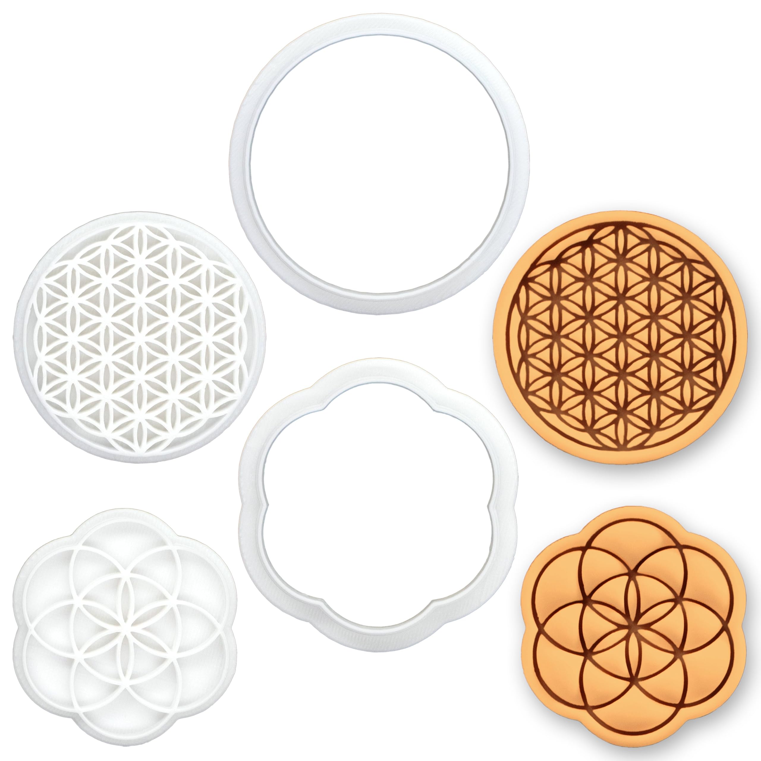 BAKERLOGY Set mit 2 Mini Keksausstecher & Stempel, Blume des Lebens und Saat des Lebens, Heilige Geometrie für Kekse, Fondant und Modelliermasse, Meditations-Thema, Ausstecher Ausstechform