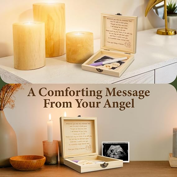 WOODAMORE Miscarriage Memorial Box, Wood Keepsake with 2 Pocket Hugs, Large
