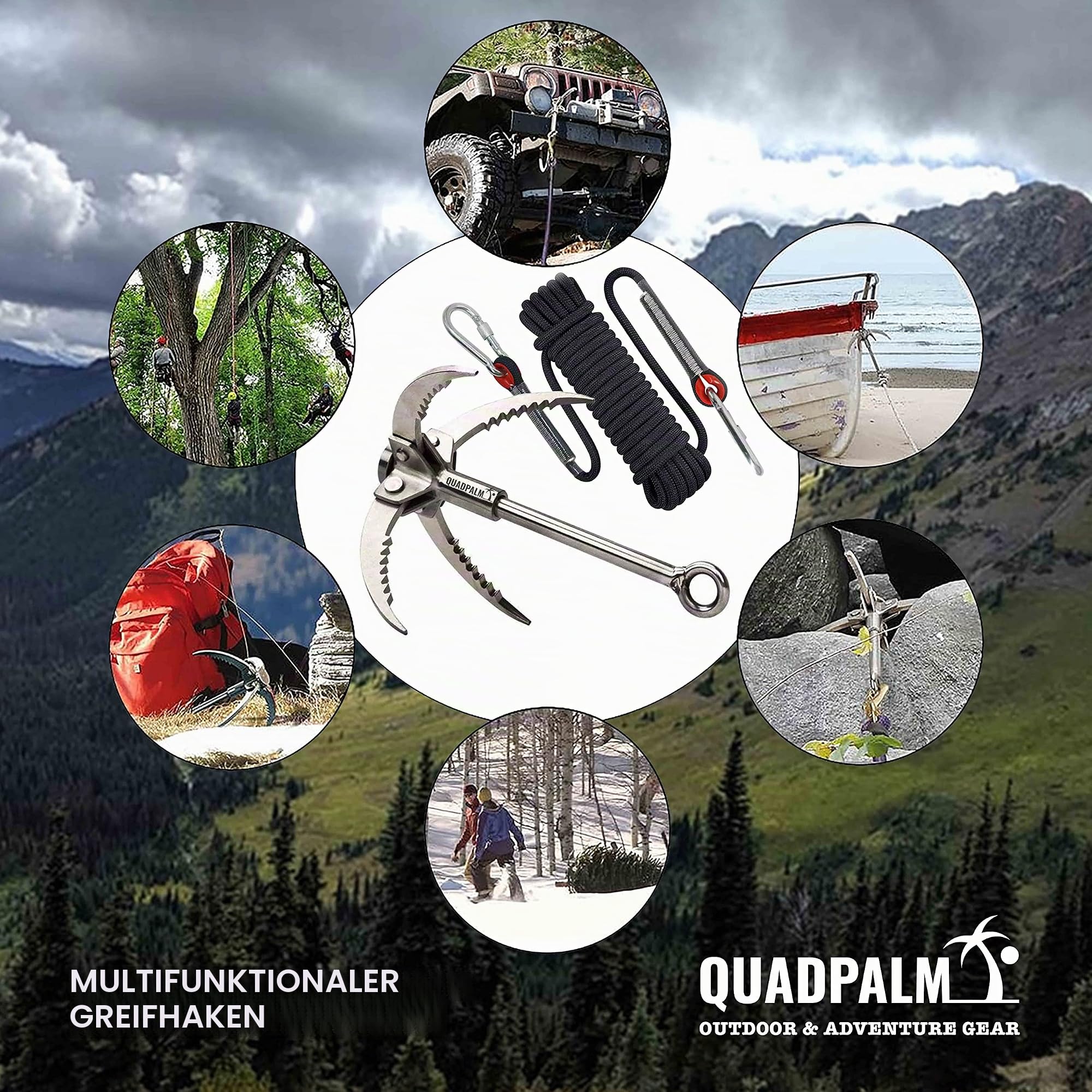 Grappling Haken mit 10m Seil - Multifunktionaler QUADPALM Greiferhaken - 4 Edelstahl Klappkrallen - Heavy Duty - Outdoor Camping Wandern Baum Felsen Bergsteigen Ausrüstung