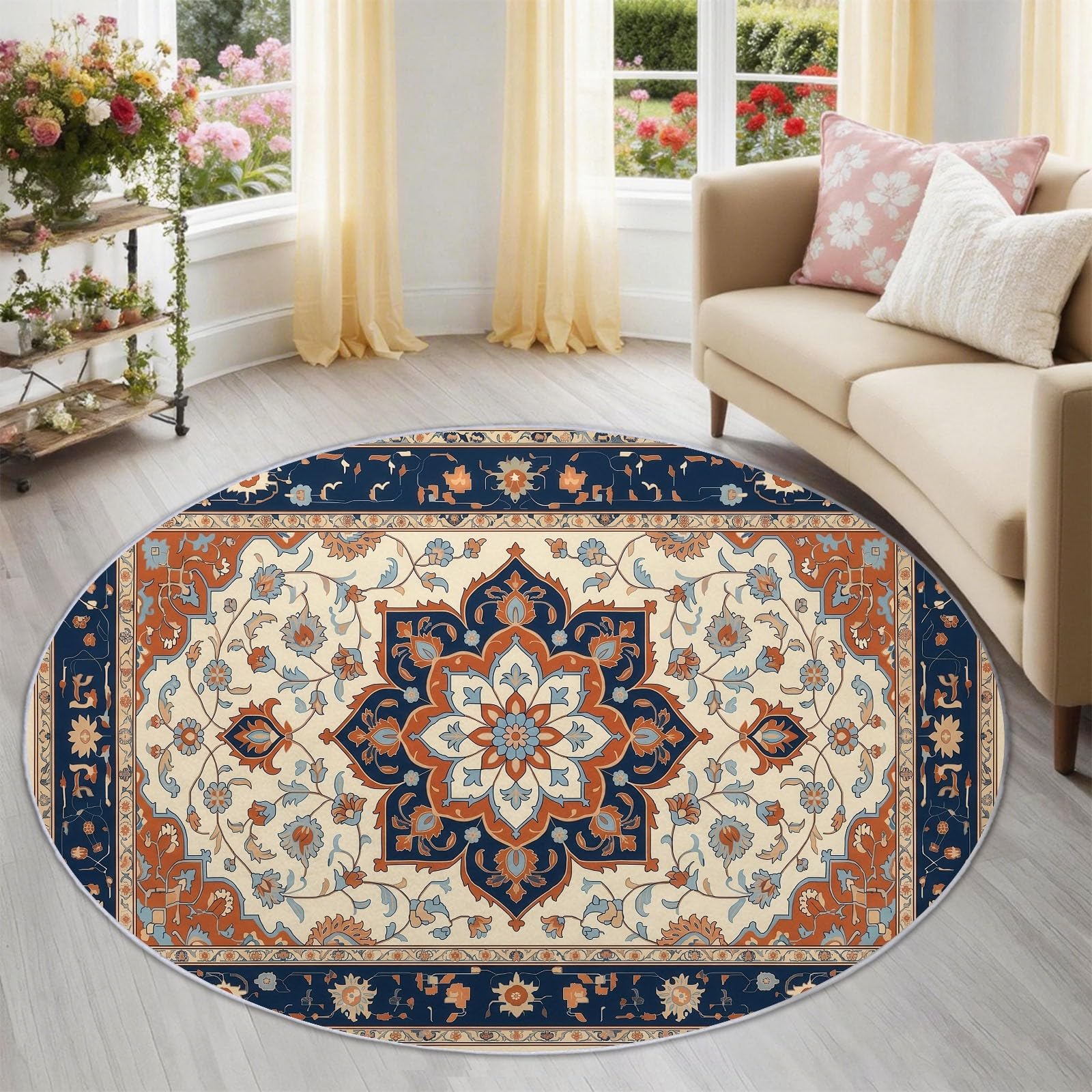 Tapis rond traditionnel géométrique floral orange en flanelle fine