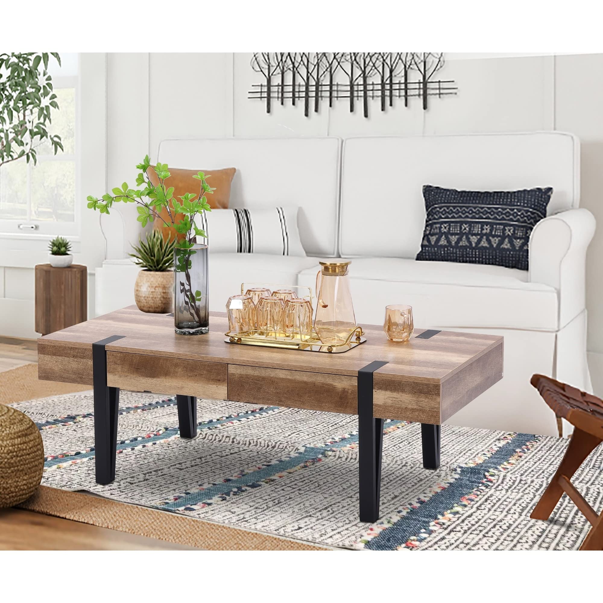 Oak Finish MDF Wood Black Metal 2-Drawer Coffee Table 15.94" H X 47.31" W 21.69" D Brown Farmhouse Modern Contemporary Rectangular Iron MDF Drawers Storage