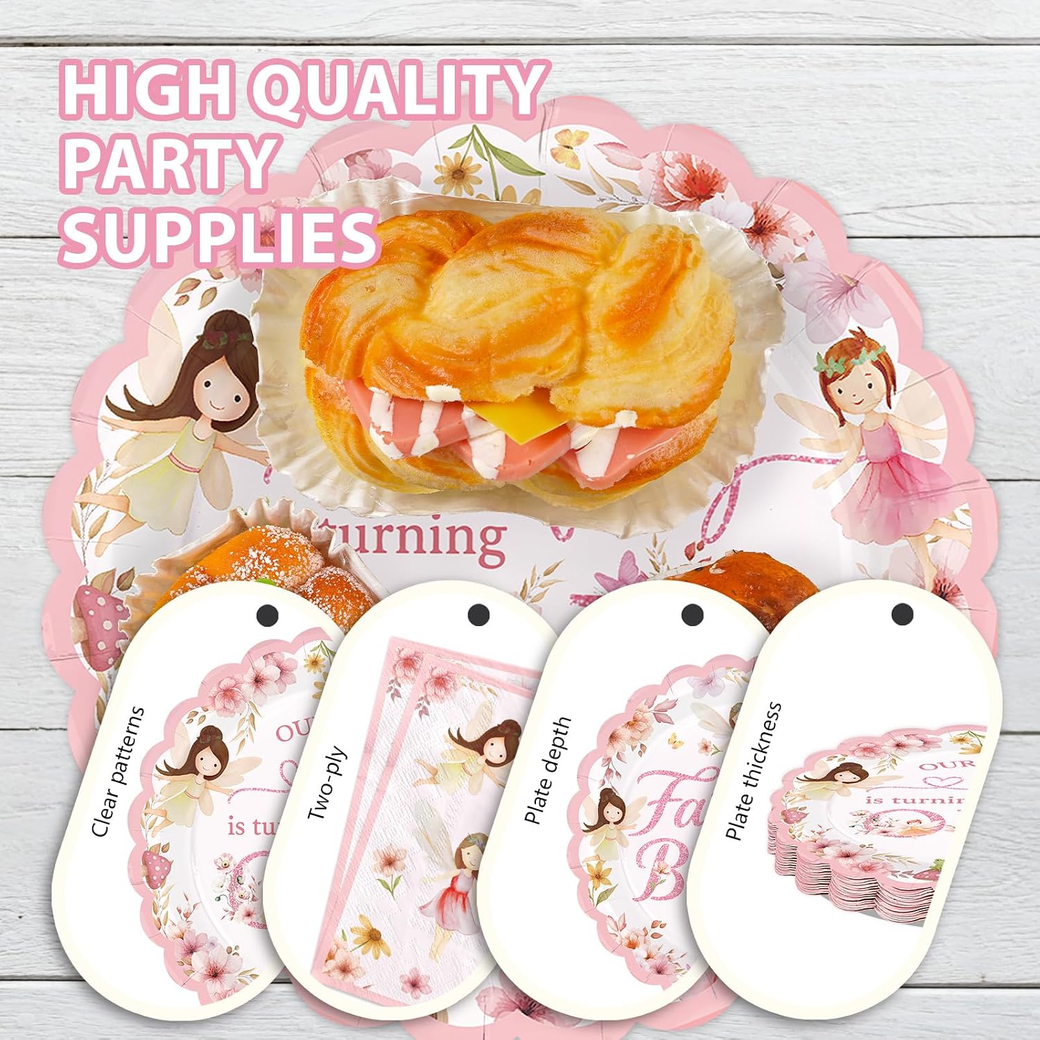 168 Pcs Fairy First Birthday Party Decorations Floral Fairy 1st Birthday Scalloped Plates Napkins Cups Forks Knives Spoons Pink Flowers Tableware Set for Girls One Year Old Party Supplies Serves 24